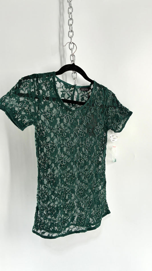 Imported Deadstock Vintage Green Beaded Floral Lace Fitted T (XS/S)