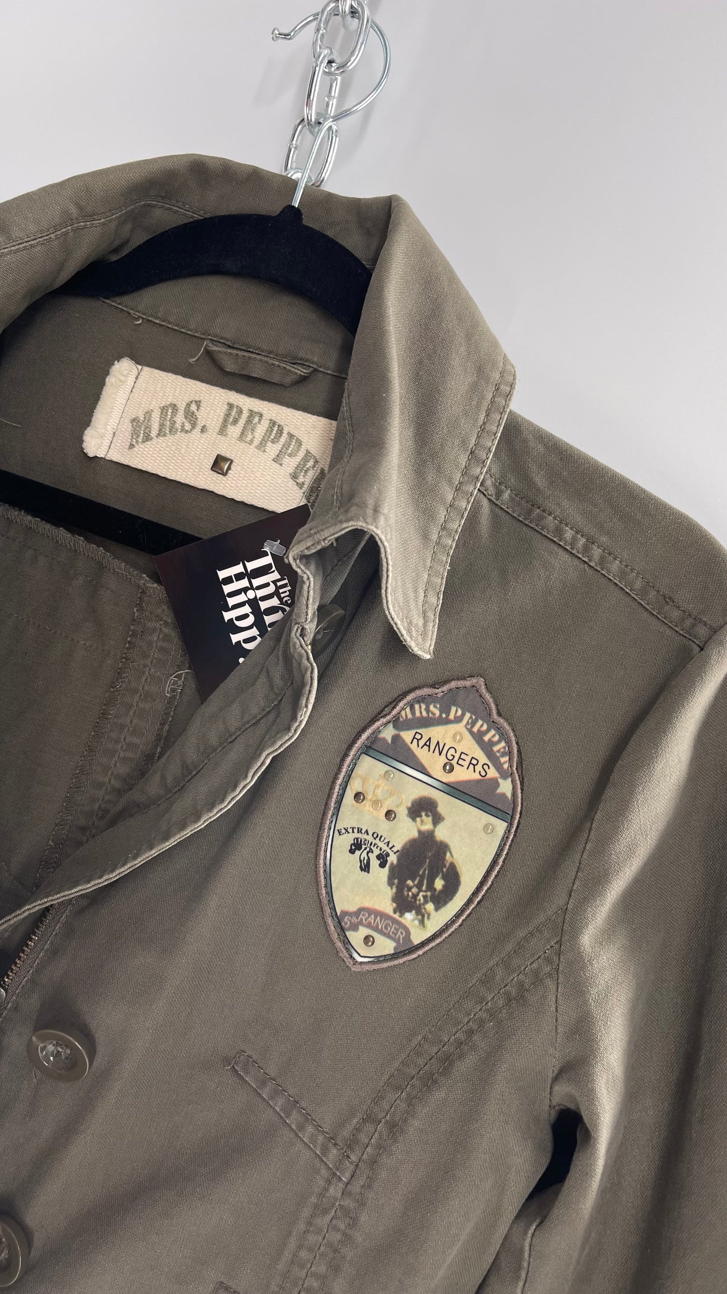 Vintage Mrs.Pepper Army Olive Green Jacket with Military Style Patches and Cuffs (Small)