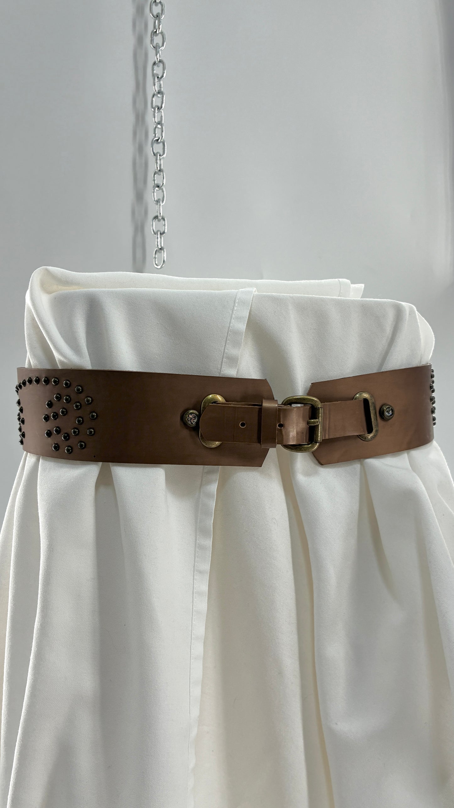 Vintage MADEMOISELLE Bronze Leather Thick Belt with Studded Rhinestone Details (L)