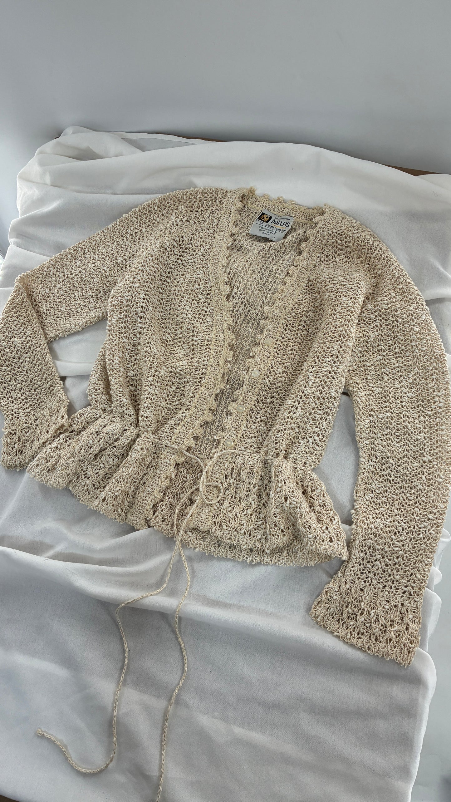 Vintage 1970s PALLAS 100% Pure Irish Linen Hand Loomed Cinched Cardigan (Medium)