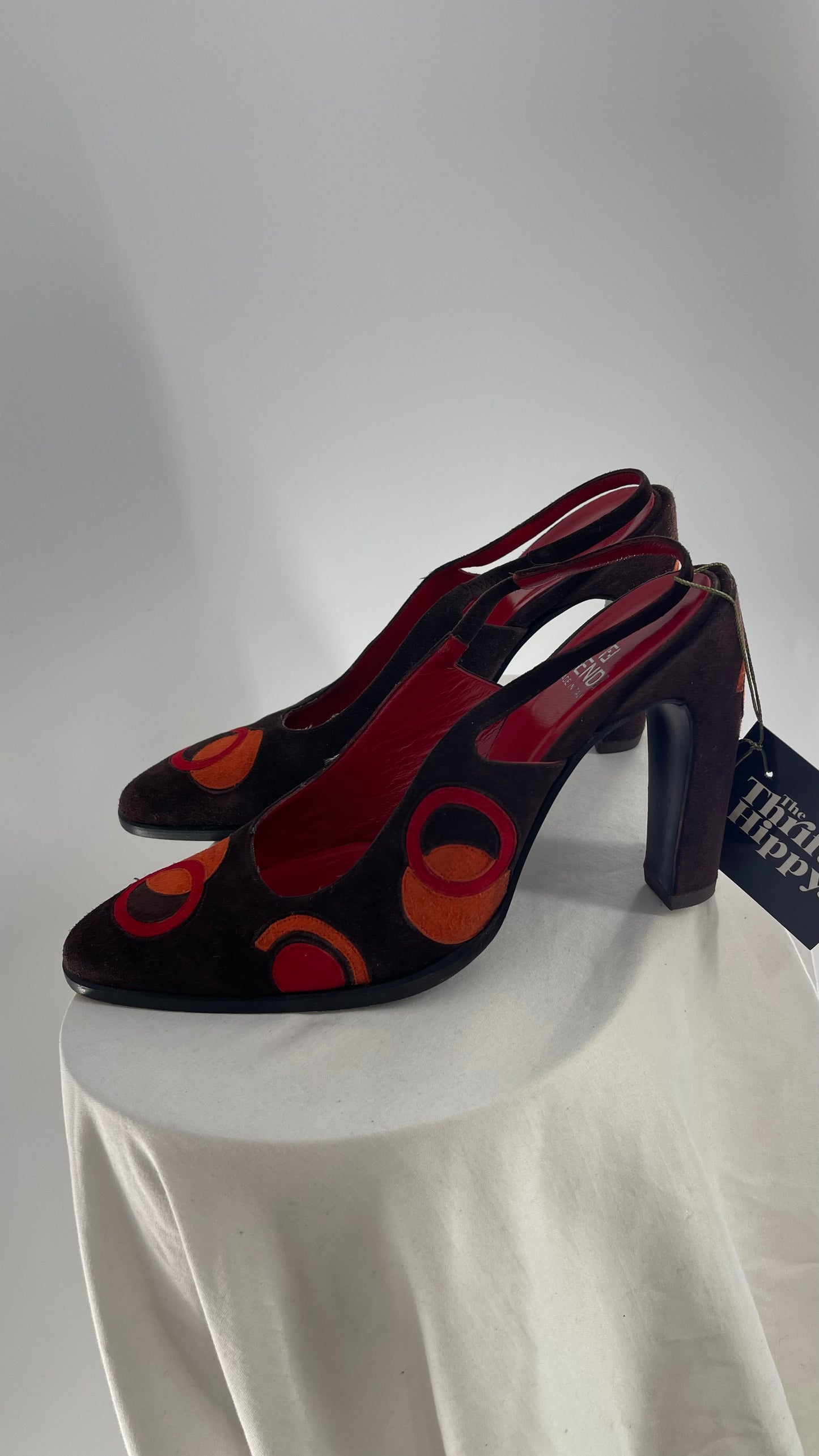 Vintage 1980s FENDI Brown Suede Leather Heel with Abstract Orange/Red Circles and Curved Heel (8)