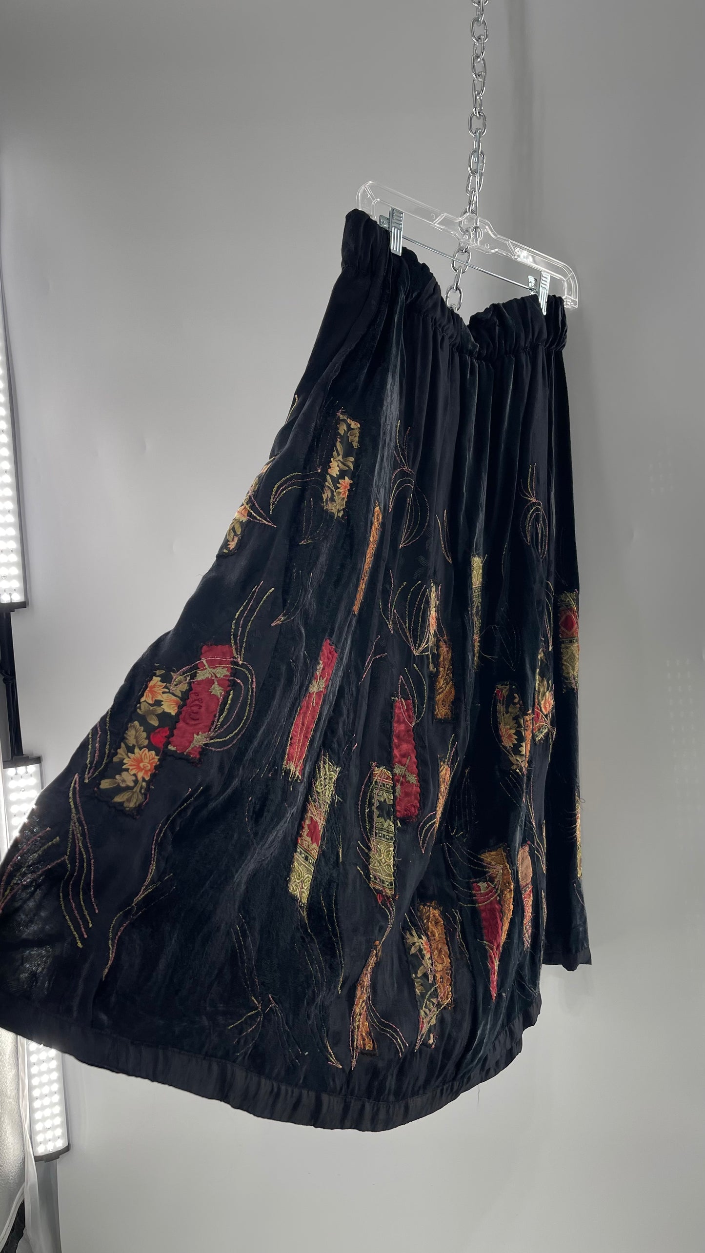 Vintage Black Velvet and Embossed Florals Patchwork Skirt with Metallic Stitch Detailing with Lining and Thick Waistline (M)