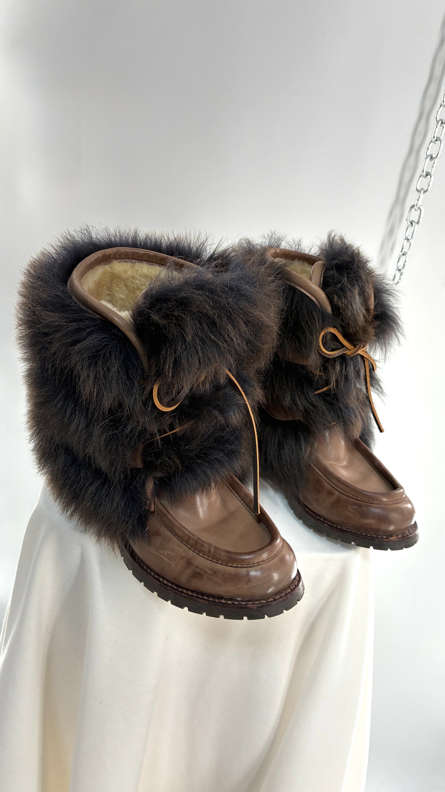 Vintage AERIN Apres Ski Brown Leather Boots with Genuine Fur and Shearling Lining (7)