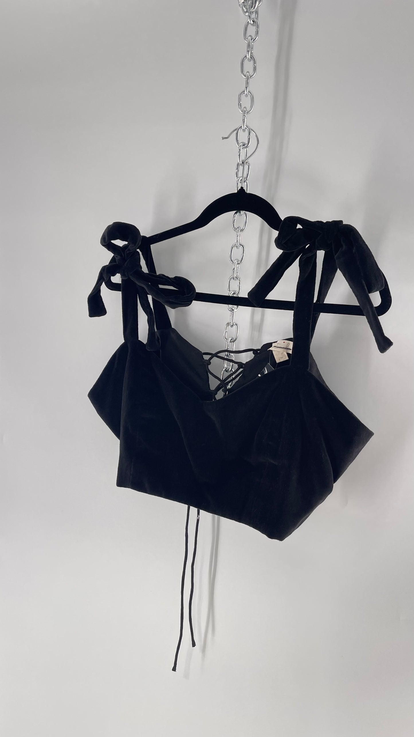 Letmebe Anthropologie  Black Velvet Cropped Tank with Delicate, Romantic Tie Shoulders and Lace Up Back (XL)