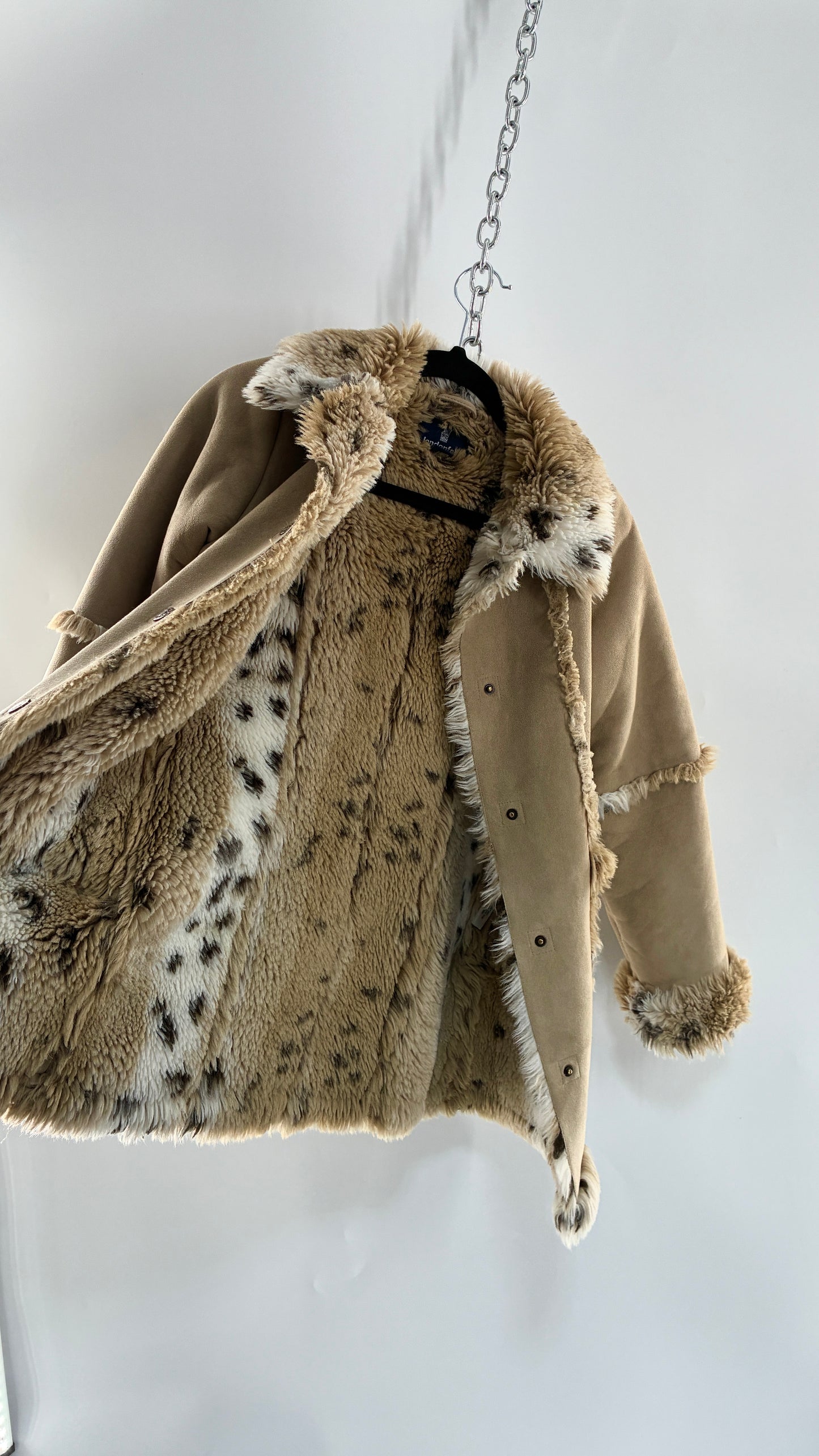LONDON FOG (10/12) Vegan Suede Coat with Leopard Patterned Piping, Trim and Collar