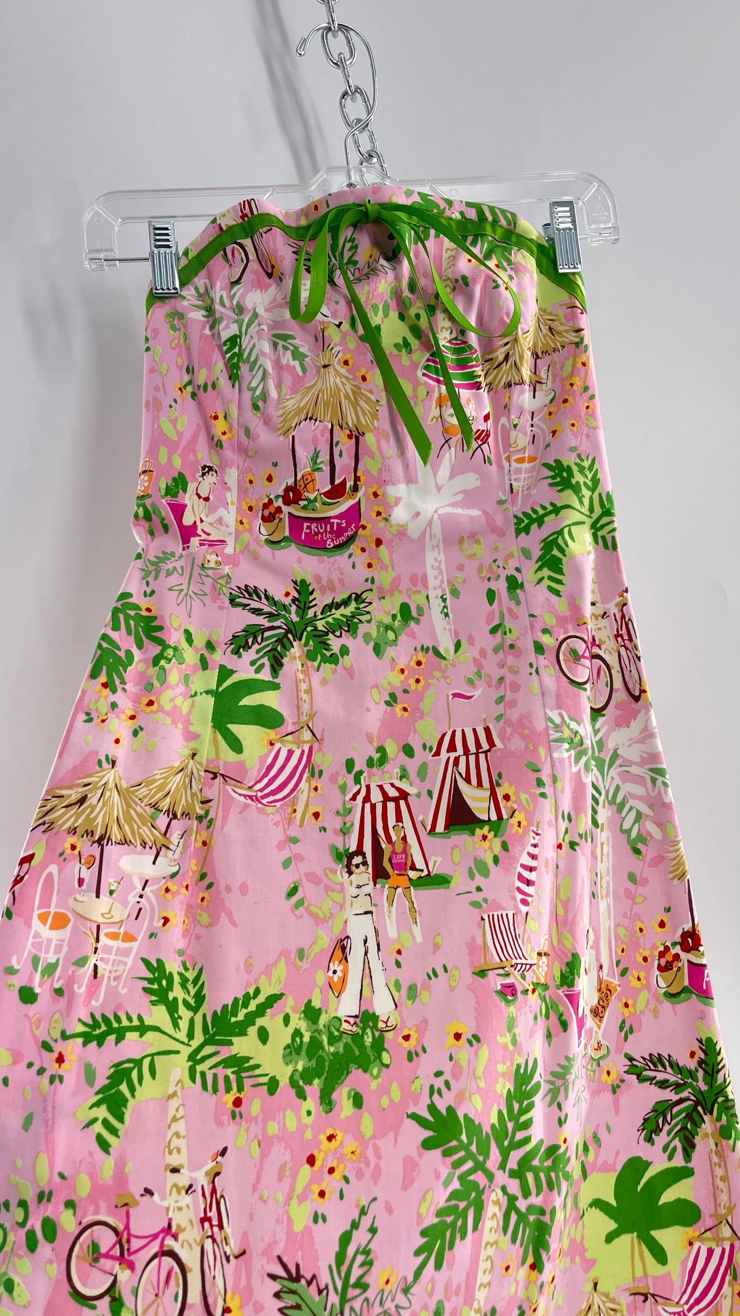 Vintage Handmade Pink Sketchbook 90s Print Mini Dress with Green Ribbon and Built In Boning (XS)