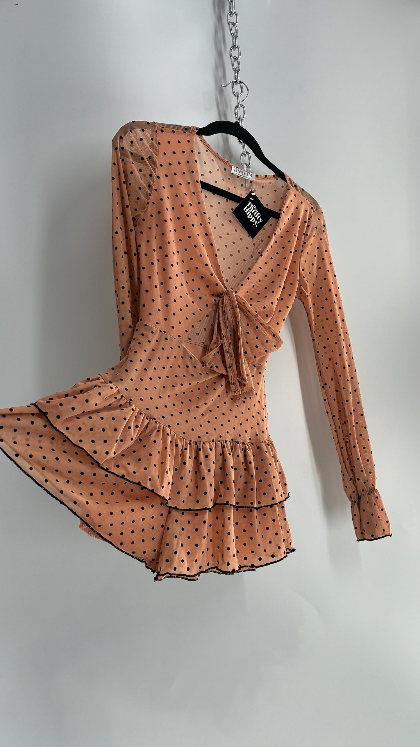 Fashion Nova Tan/Apricot Balloon Sleeve Romper with Ruffled Shorts and Cut Out, Tie Front Bust (Small)