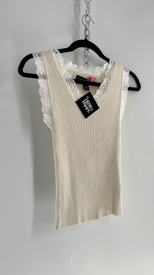 Vintage Josephine Chaus Ribbed Beige Tank with Lace Lining (Small)