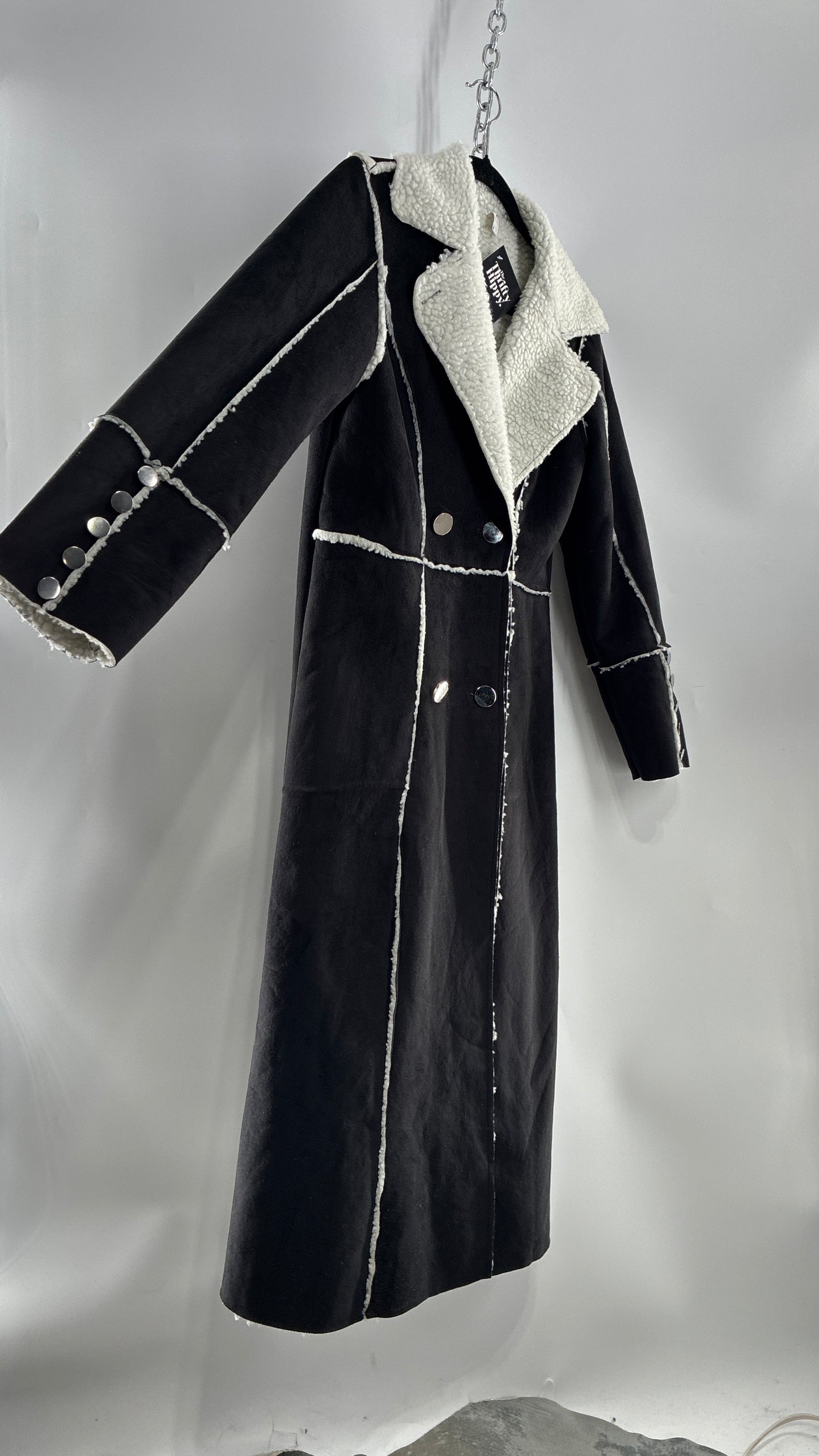 Vintage Black Vegan Suede Coat with Sherpa Lining (Medium)