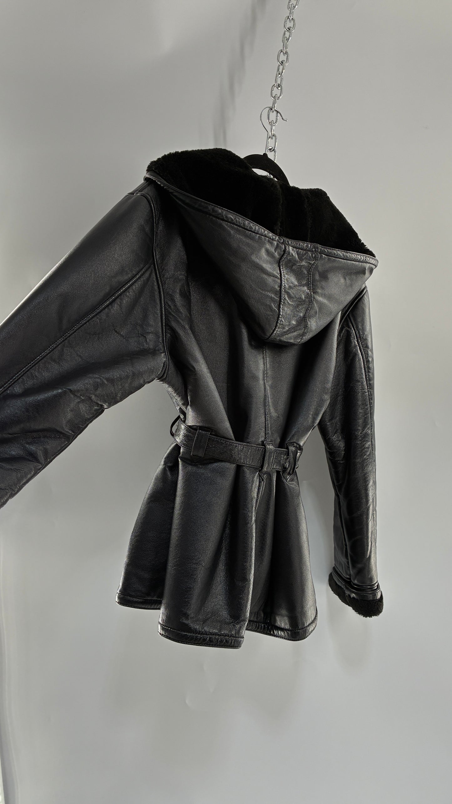 Vintage WILSON’S Fur Lined, Genuine Leather Waist Tie Jacket with Hood (Medium)