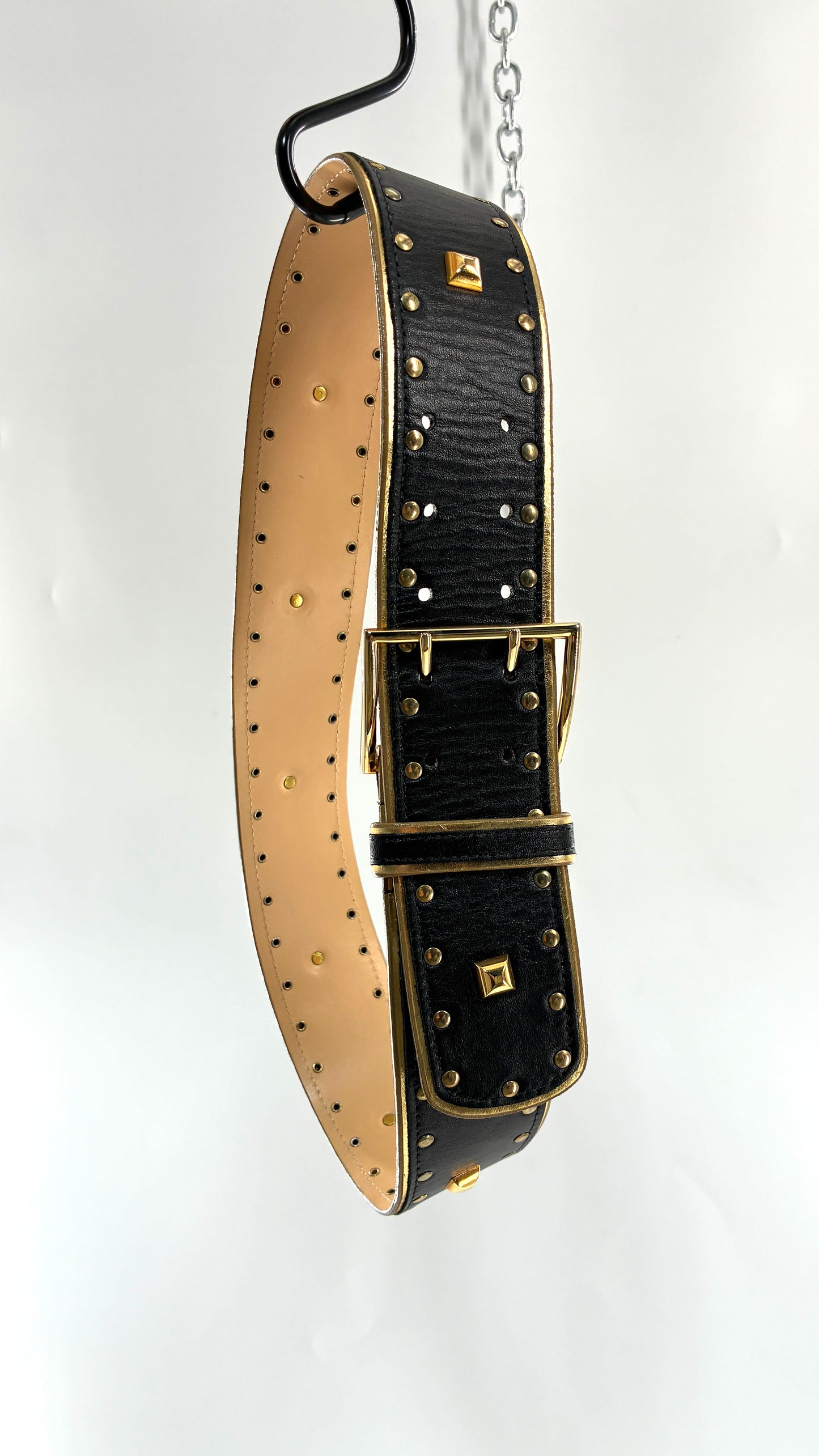 Vintage Wide Black Genuine Leather Belt with Studded Detailing and Oversized Buckle