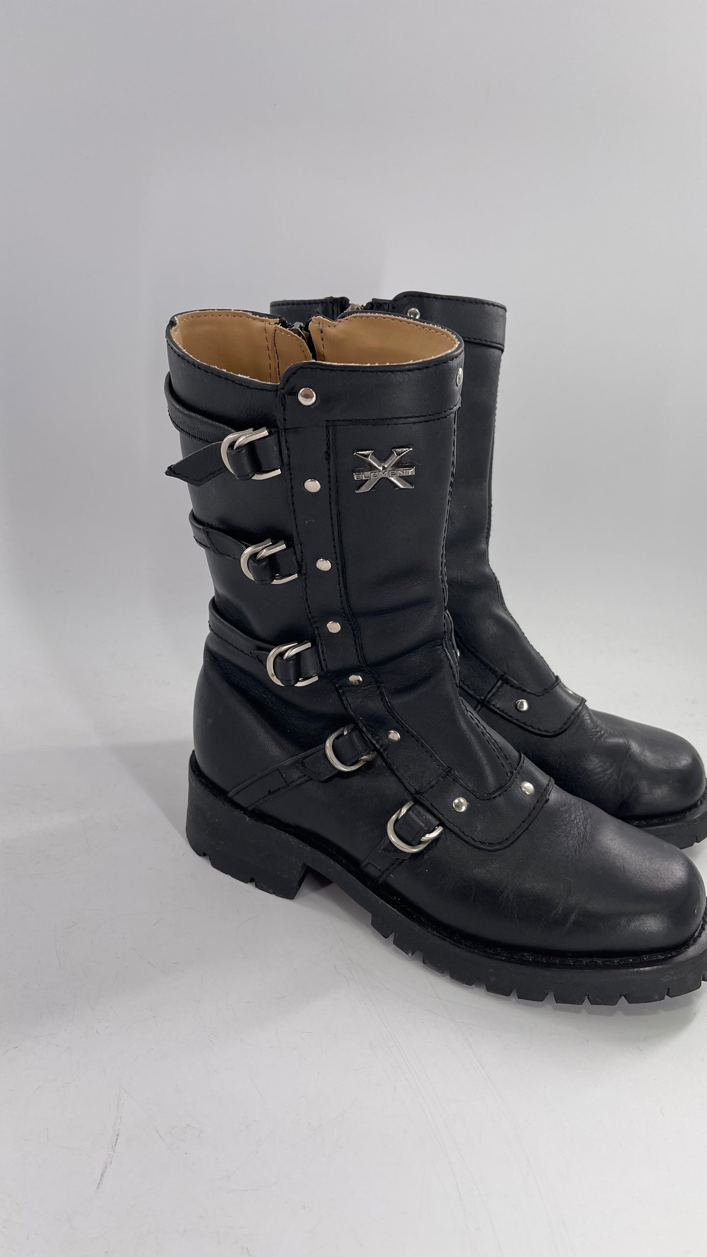 Vintage 1990s XELEMENT Buckle Side Genuine Leather Steam Punk Boots (Women’s 8.5)