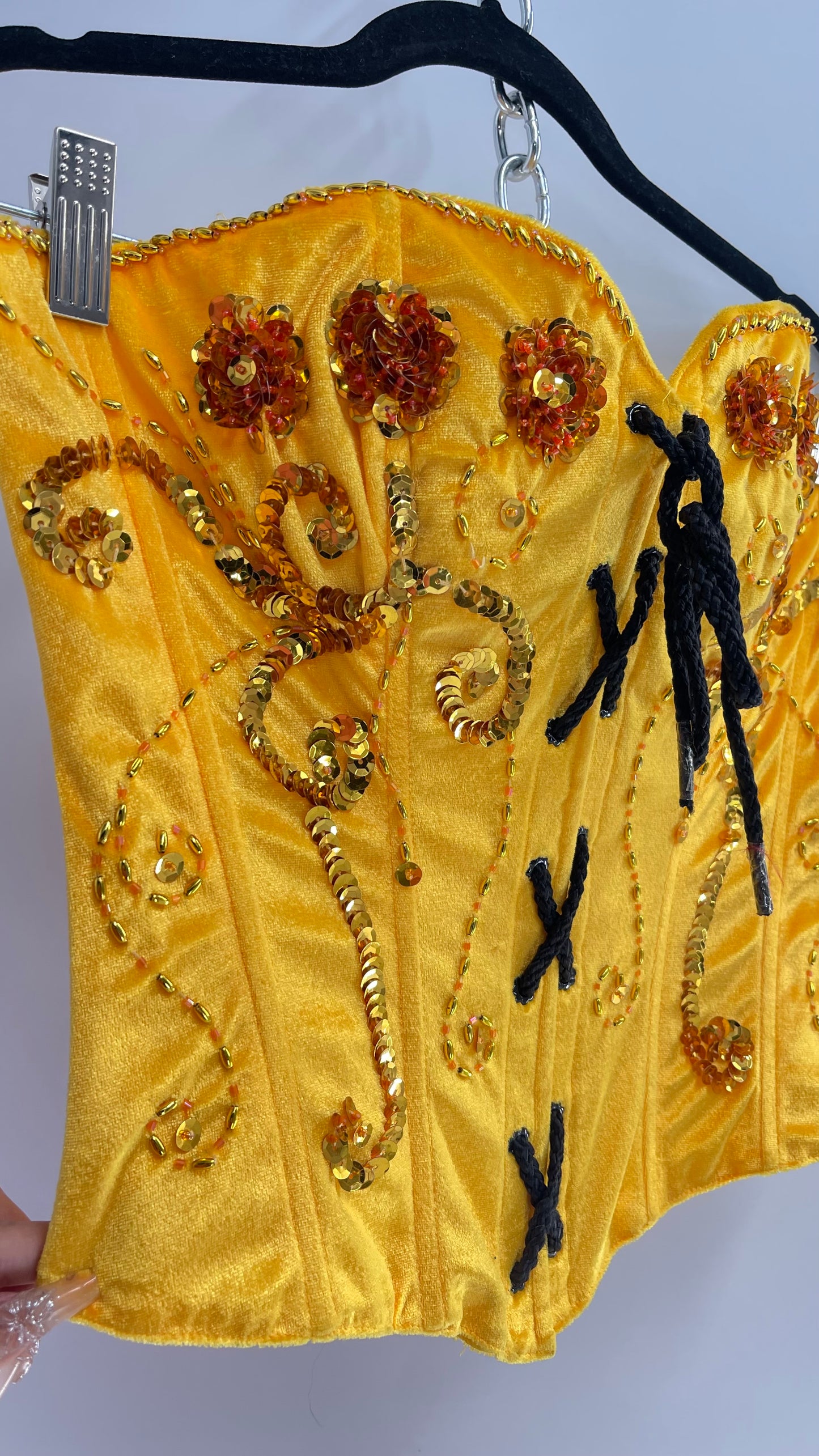 Vintage Hand Embroidered/Embellished Yellow Velvet Corset (Medium)