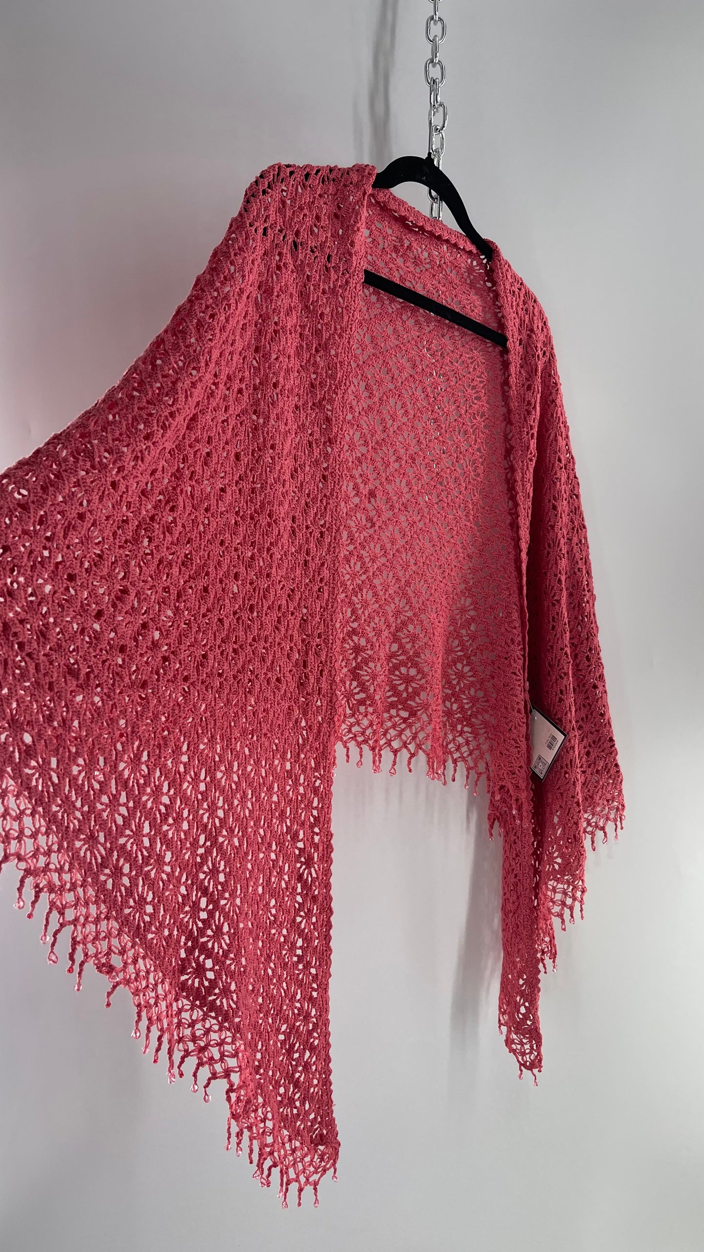 Vintage Hand Crochet Pink Shawl with Beaded Fringe Hem (One Size)