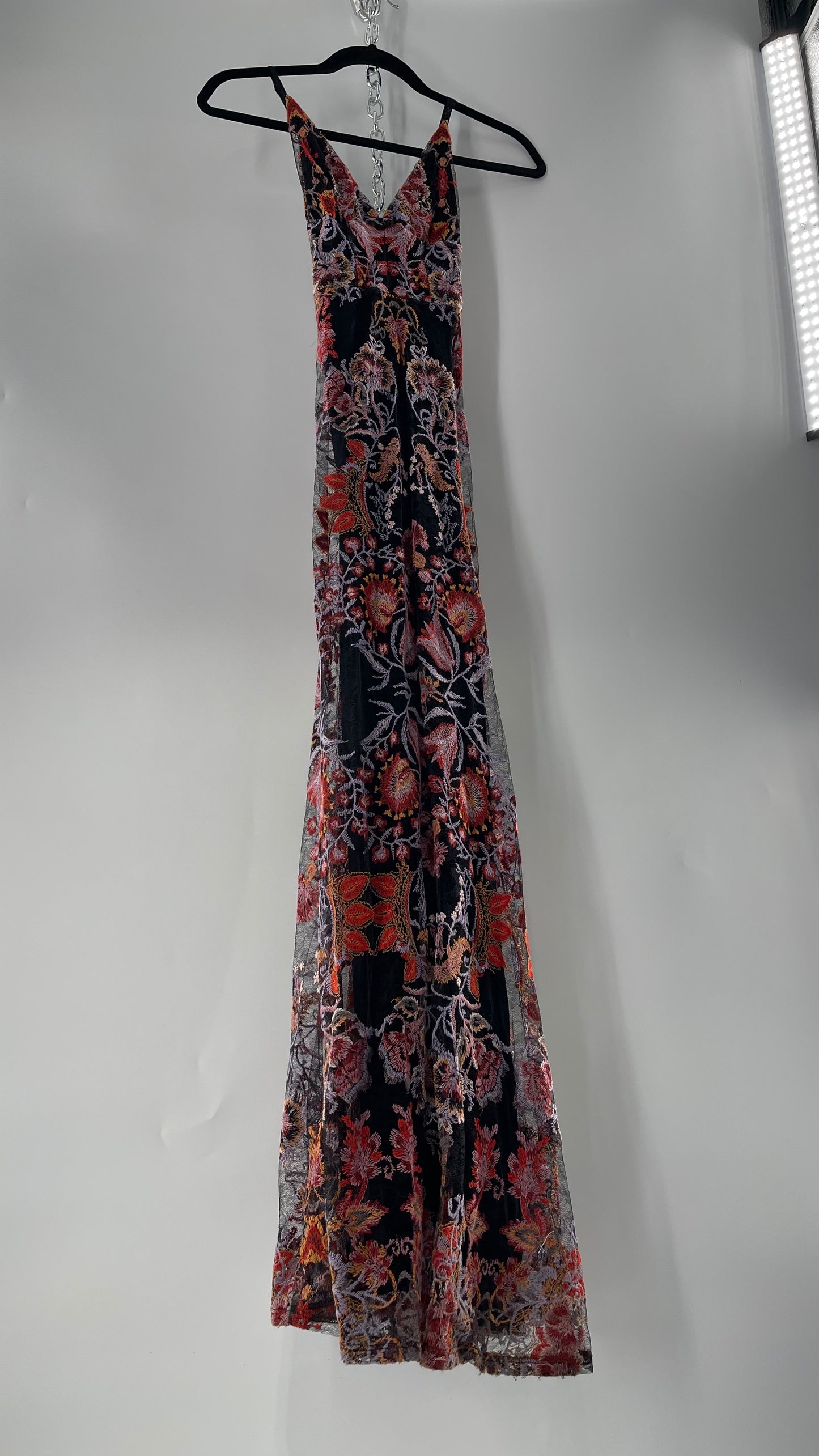 Free People Black Fall Toned Floral Embroidered Tule Sleeveless Maxi Dress (2)