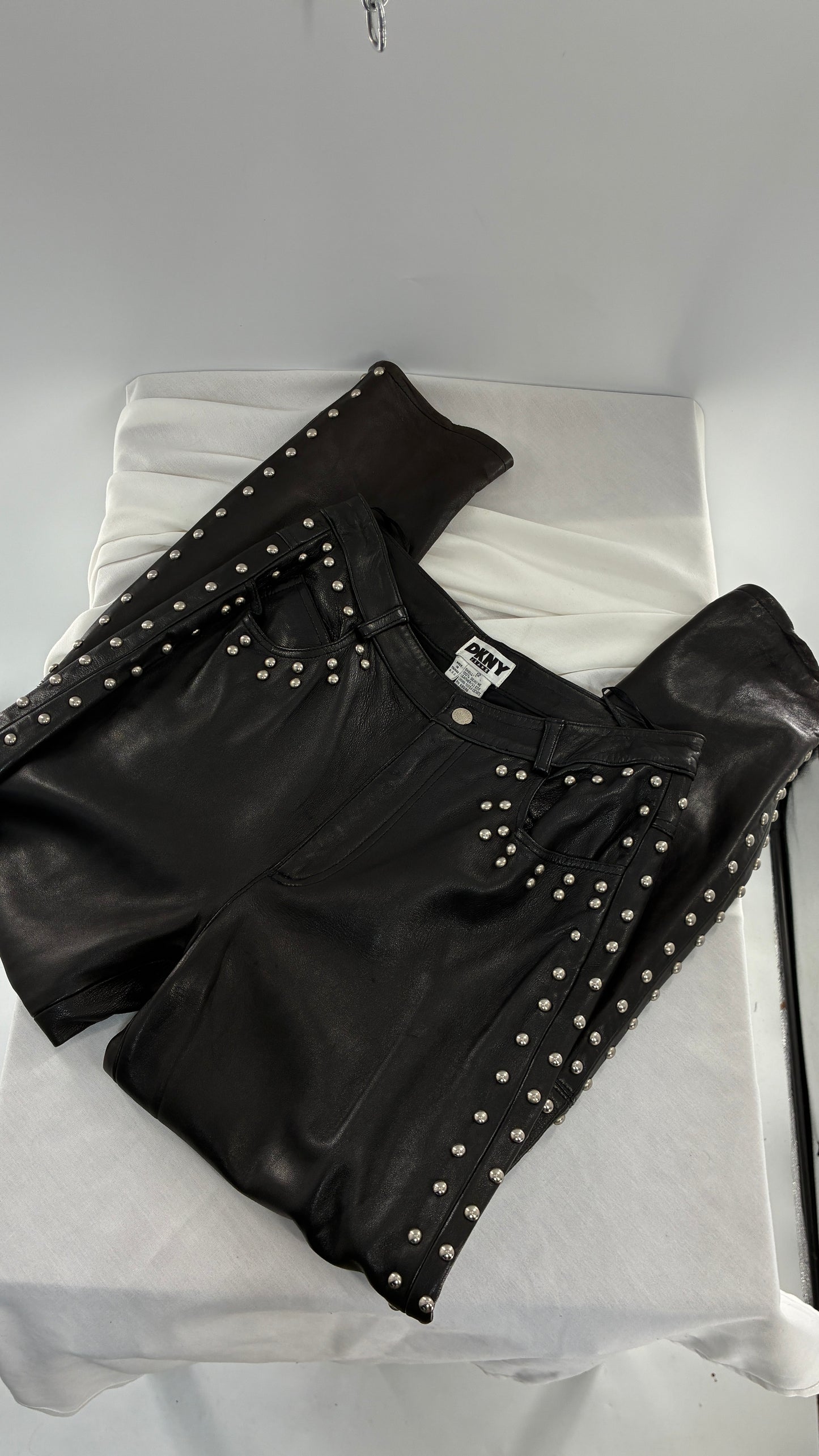 Vintage DKNY Genuine Leather Black Hip to Hem Studded Straight Legs (12)