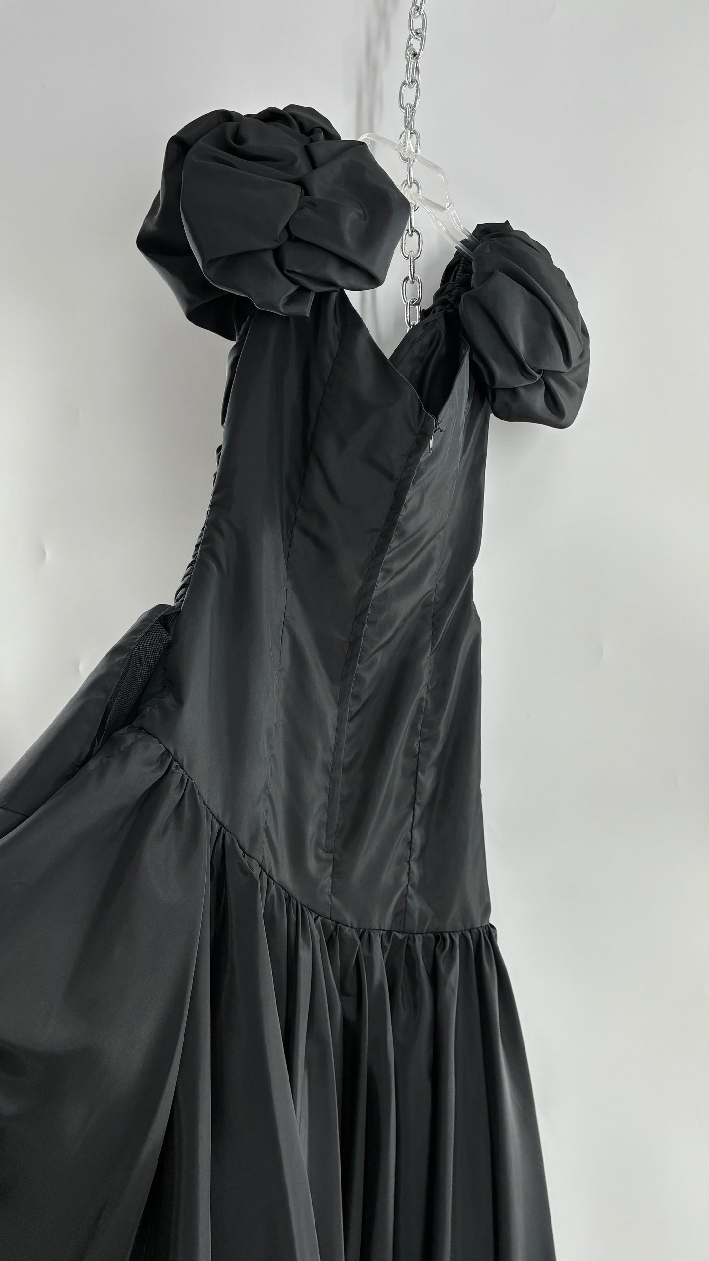 Vintage 1980s Black Gown with Ruched Bodice, Exaggerated Puff Sleeves, and Tiered Skirt (Measured)