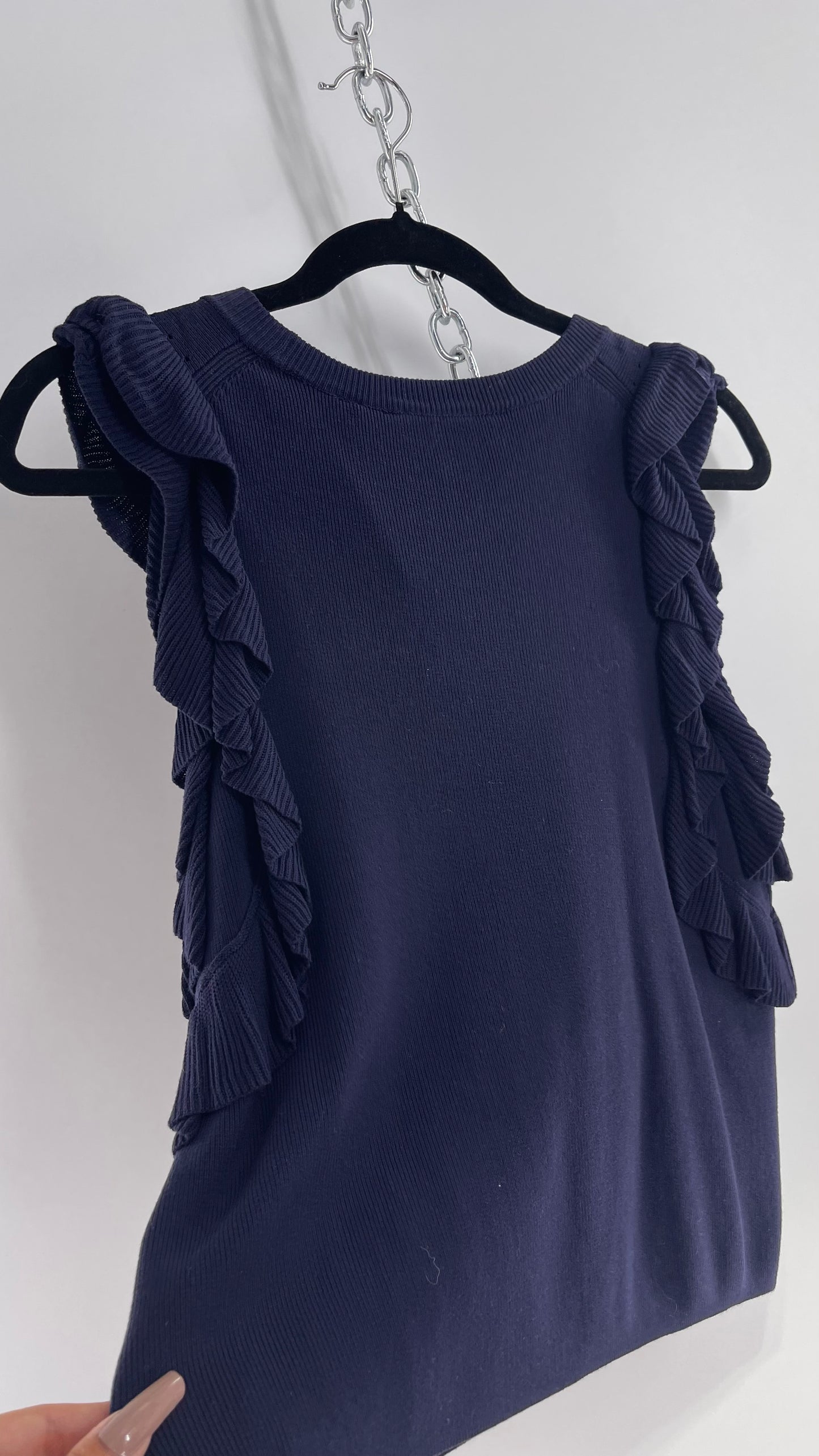 Anthropologie Knitted & Knotted Navy Ruffled Arm Sleeveless Blouse (Small)