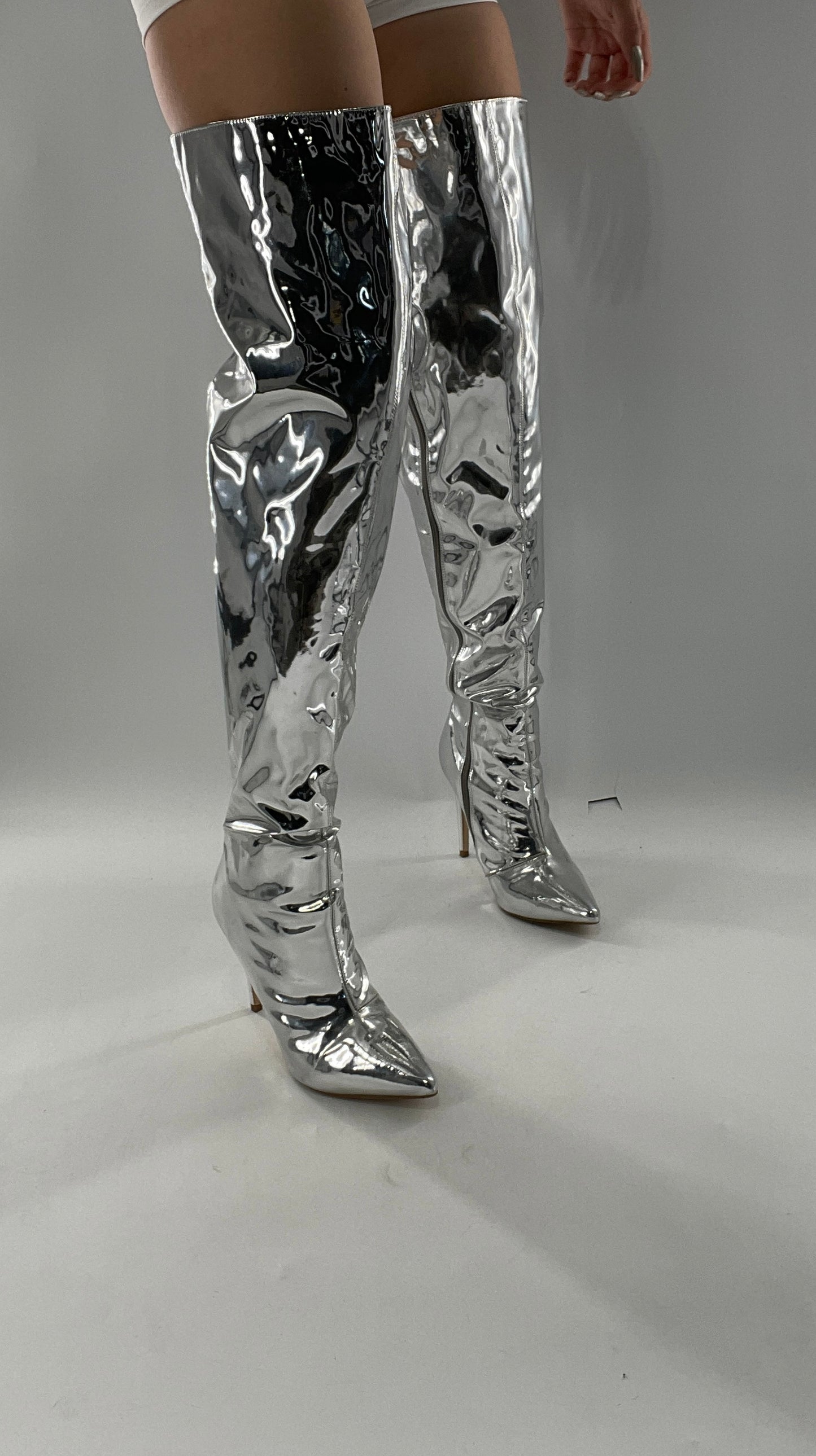 Vintage Chrome Platinum Mirrored Thigh High Molten Metal Sky High Boots Space Cadet/Concert (7)