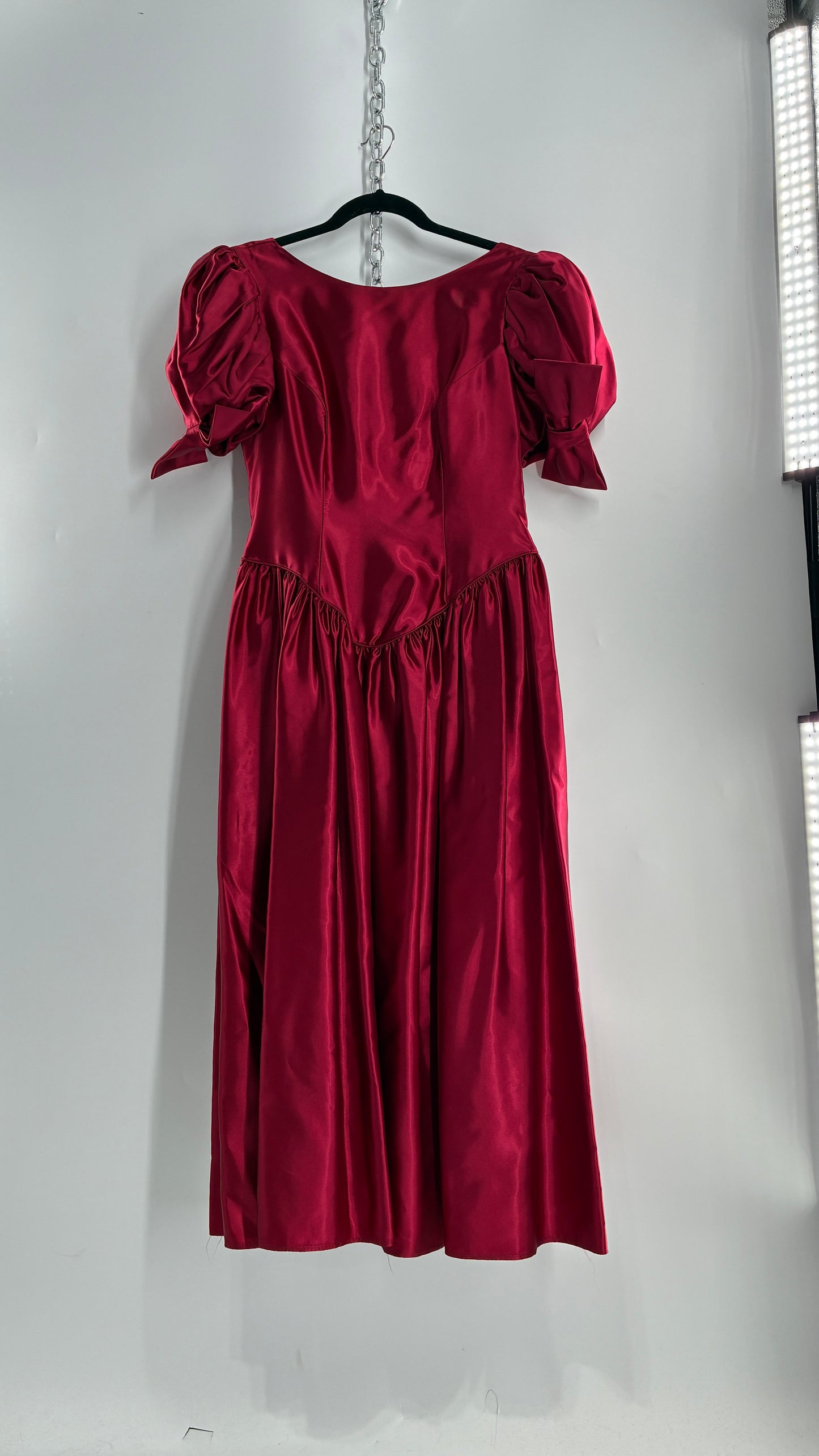 Vintage Red Silky Satin Corset Style Dress with Sweetheart Neckline, Puff Sleeves, Oversized Bow Bum, Open Back and Draping Pearls  (10P)