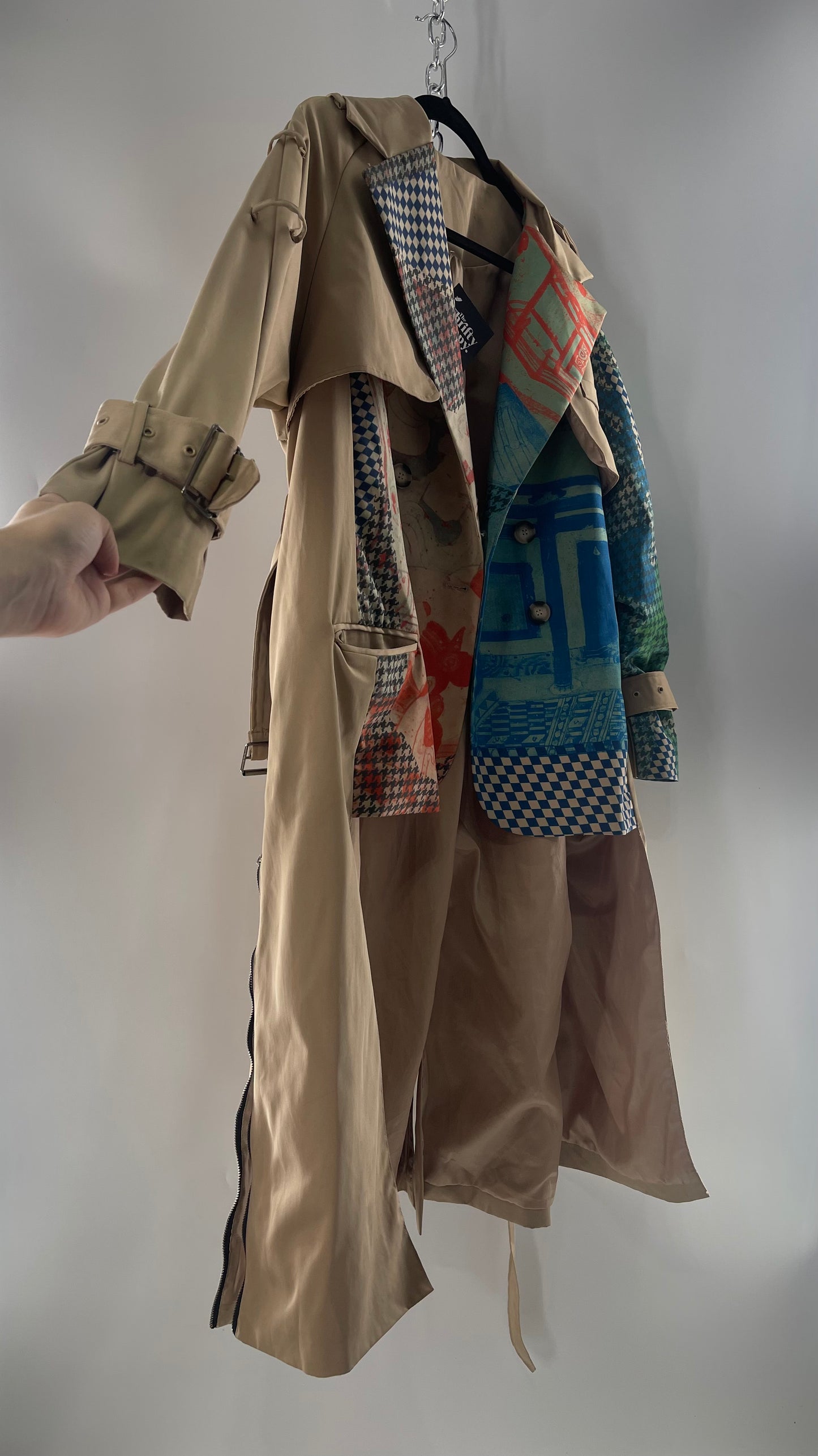 Tan Belted, Double Breasted Trench Coat with Plaid Colorful Graphics and Contrasting Black Zippers (C)(M)