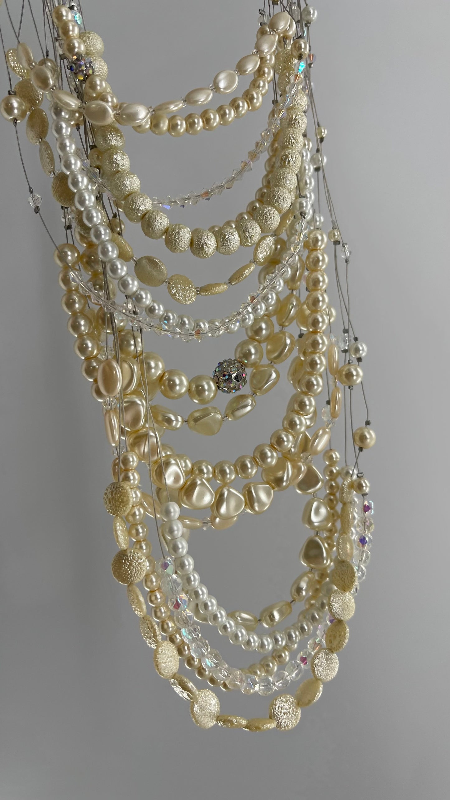 Vintage Handmade Exaggerated Multi Layer Pearl, Beaded Statement Necklace for Plunging Necklines