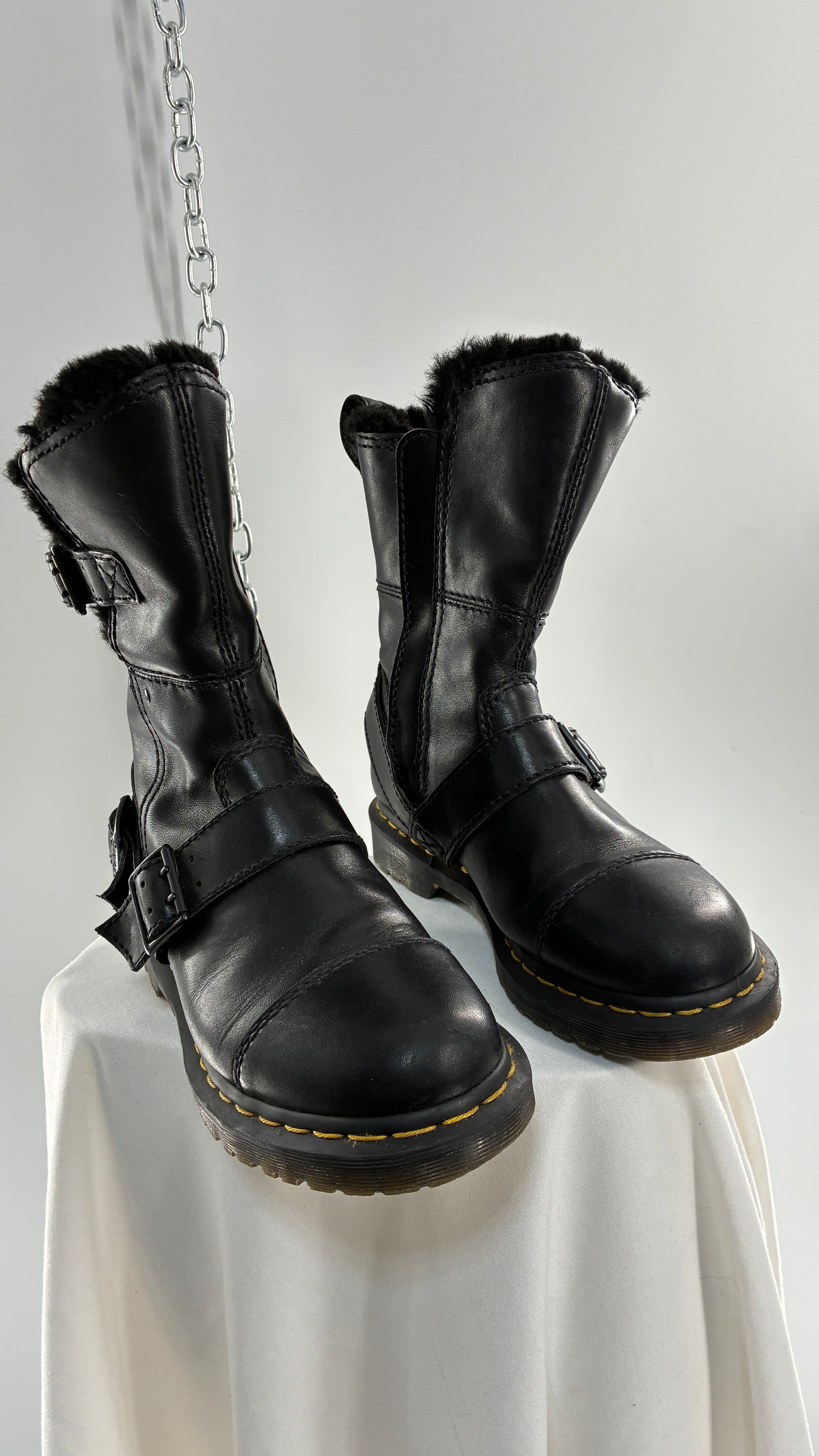 RARE Vintage Dr. Marten Kristy Mid Calf Faux Fur Black Leather Boots (8L)