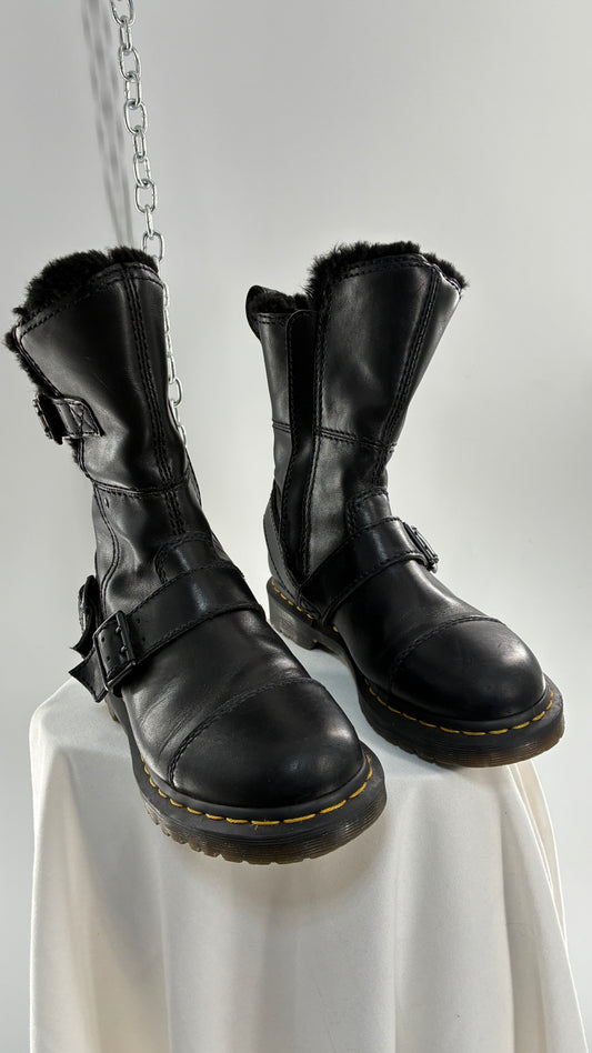 RARE Vintage Dr. Marten Kristy Mid Calf Faux Fur Black Leather Boots (8L)
