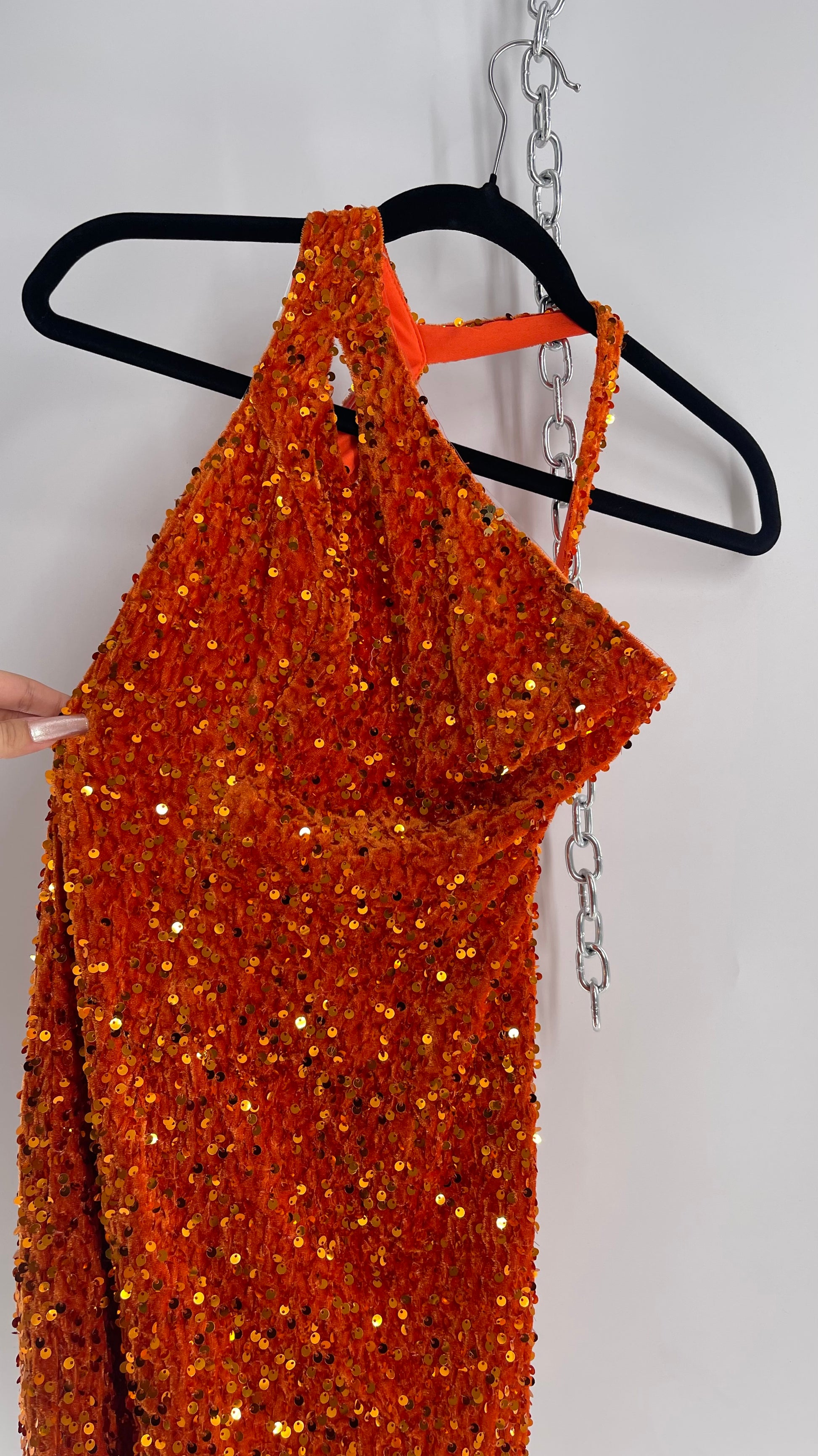 Orange Velvet Sequin Mini Dress with Cut Out Details (XS/S) Orange Velvet Sequin Mini Dress with Cut Out Details (XS/S)