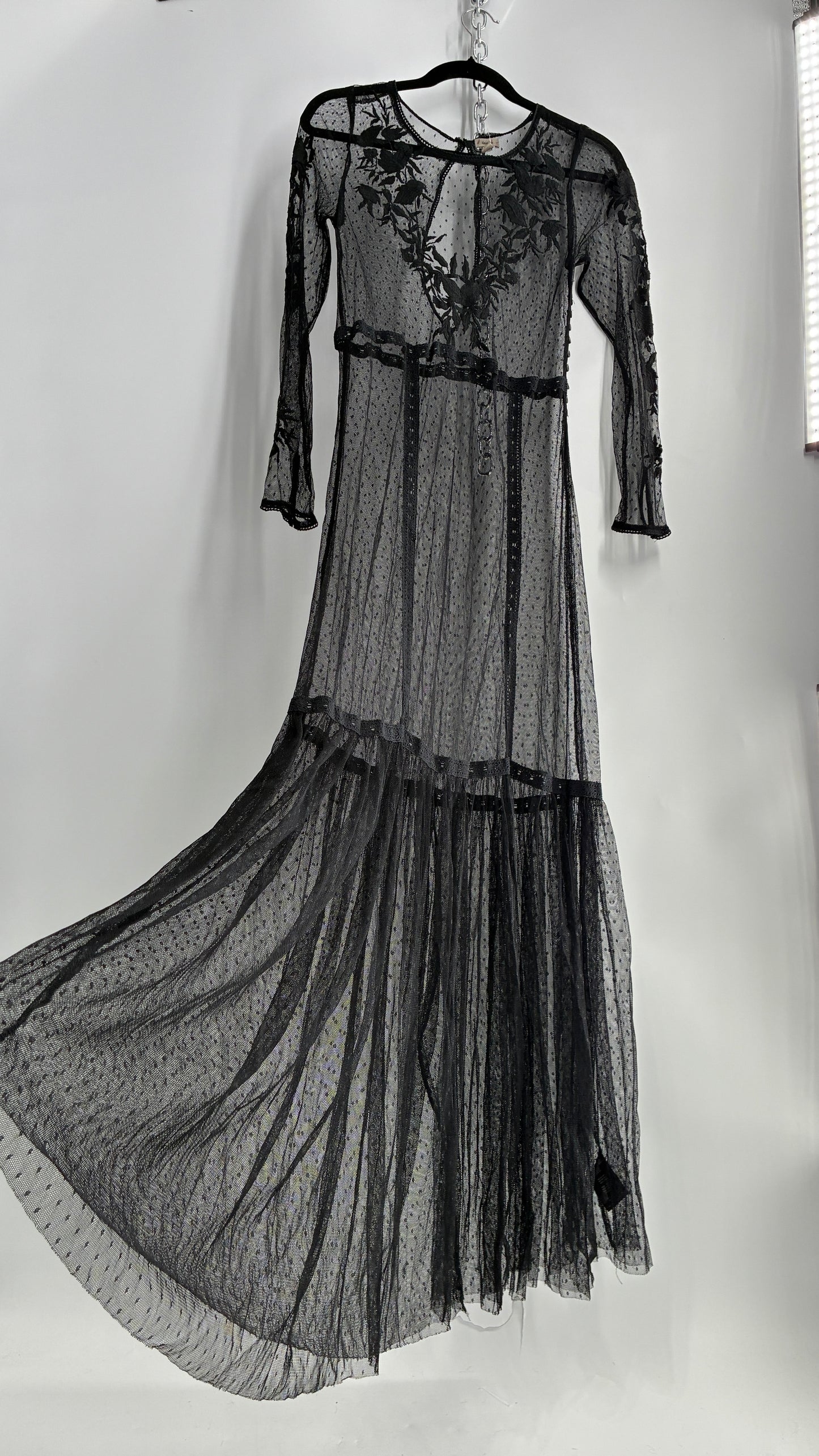 ECOTE Sheer Mesh Full Length Dress with Lace Appliqué Sleeves and Bust (Medium)