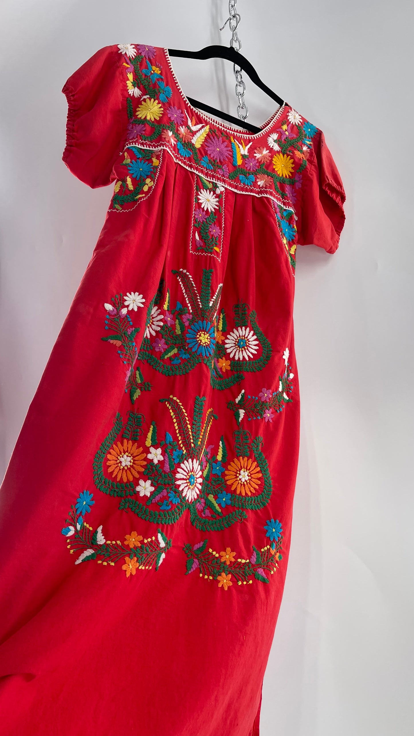 Vintage 1970s Red Cotton Dress with Hand Embroidered Florals Imported from Mexico (Small)