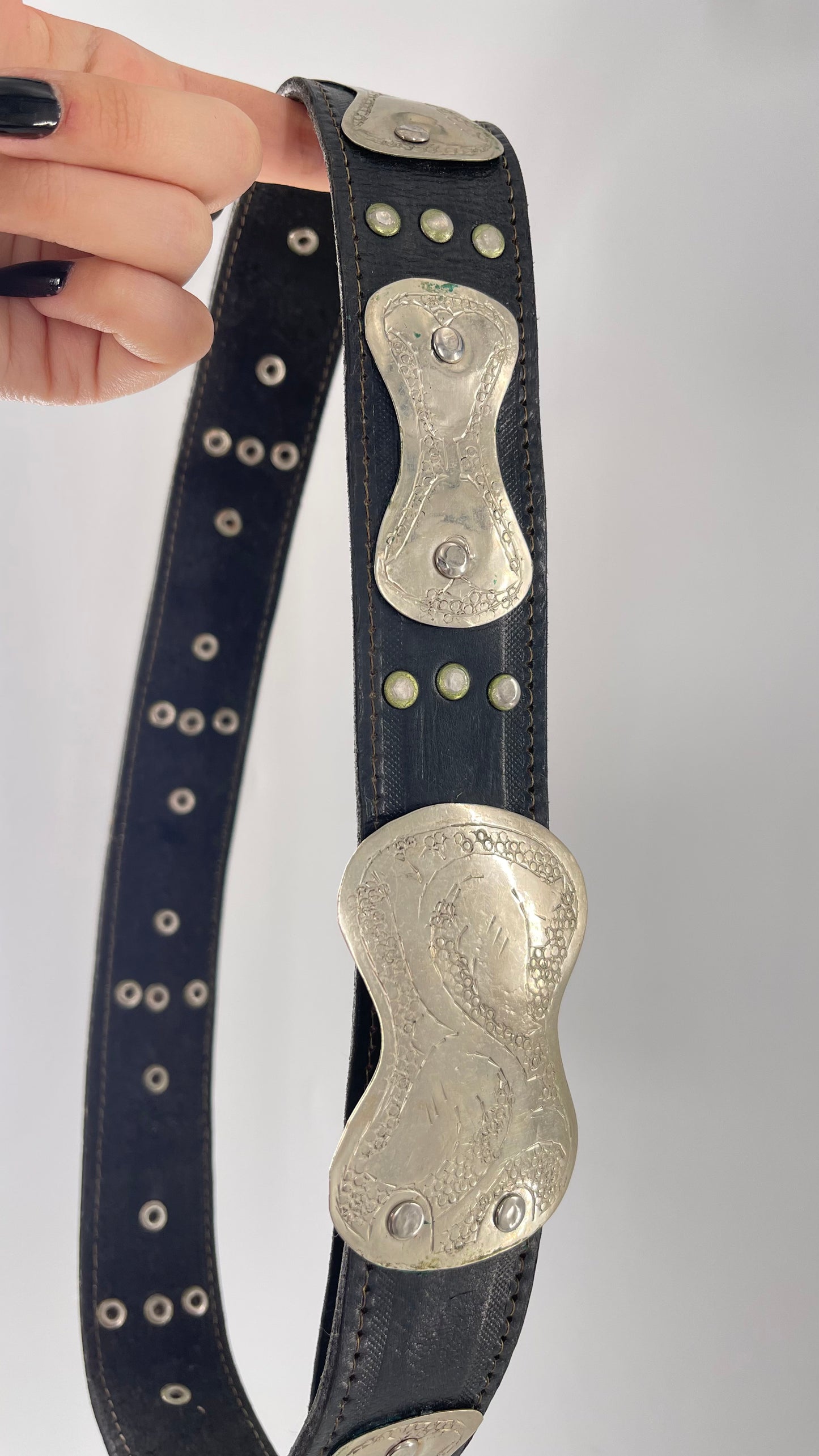 Vintage Engraved Silver Metal + Black Leather Belt (Small)