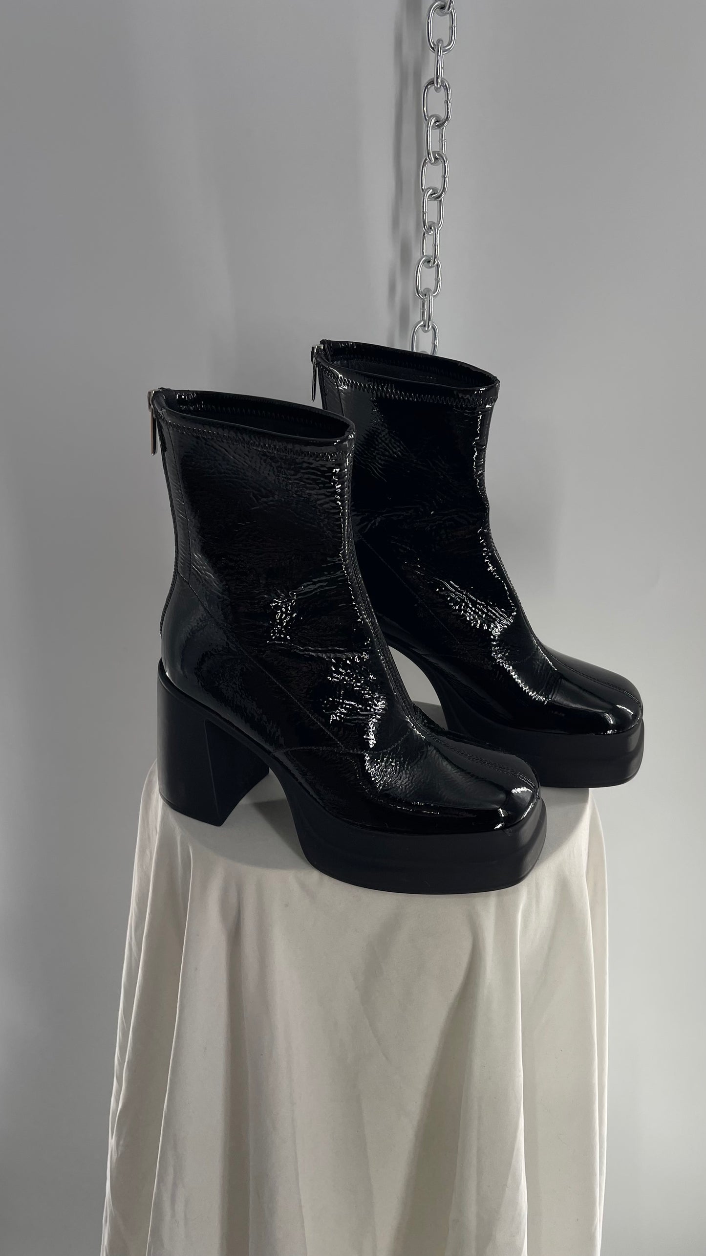 Free People Double Stack Platform Black Patent Leather Boot (38)