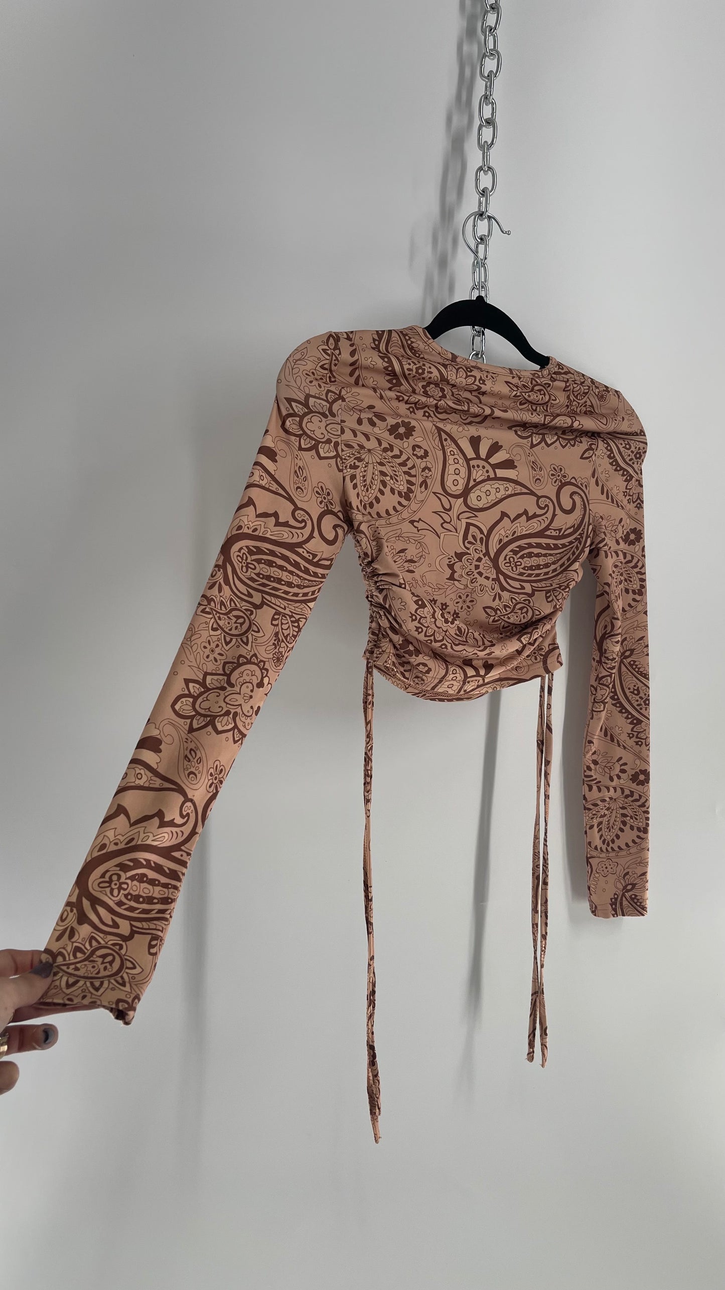 Paisley Patterned Ruche Side Tie Cropped Long Sleeve (Extra Small)