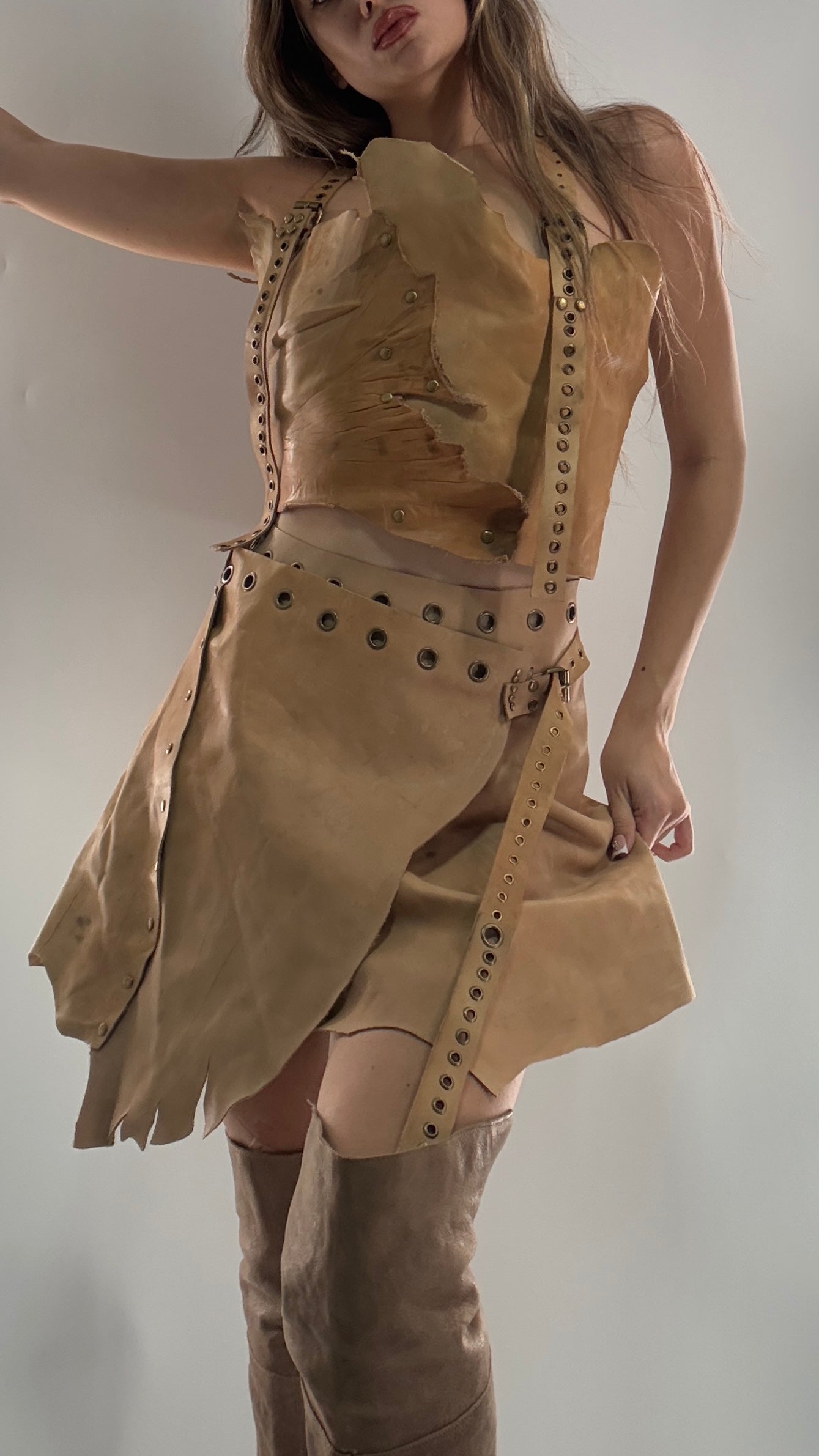 CUSTOM Handmade Rugged and Reversible Distressed Leather Two Piece Set with Grommet Waistband (XS-XL)