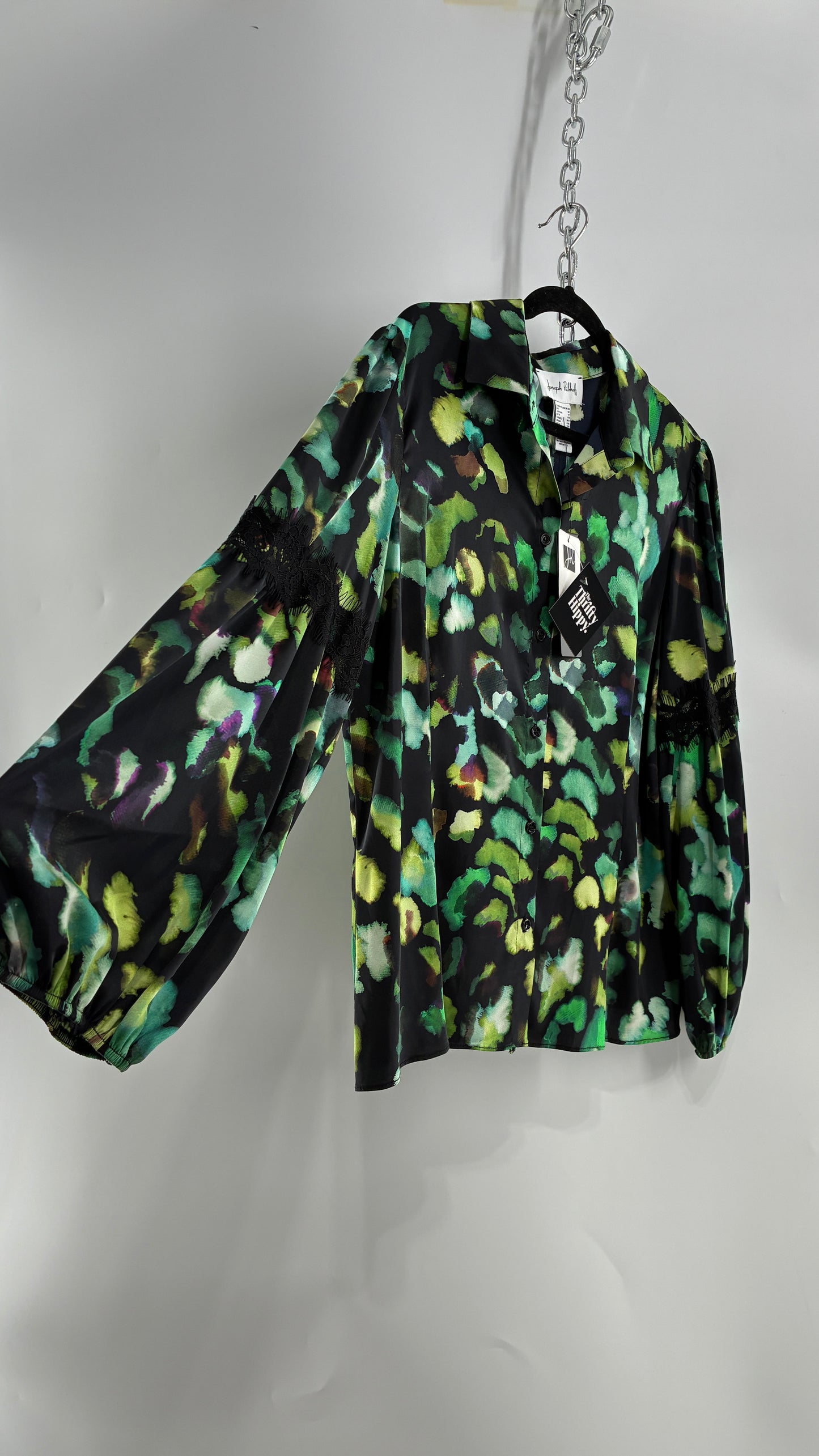 JOSEPH RIBKOFF Green Graphic Balloon Sleeve Blouse with Tags Attached (14)