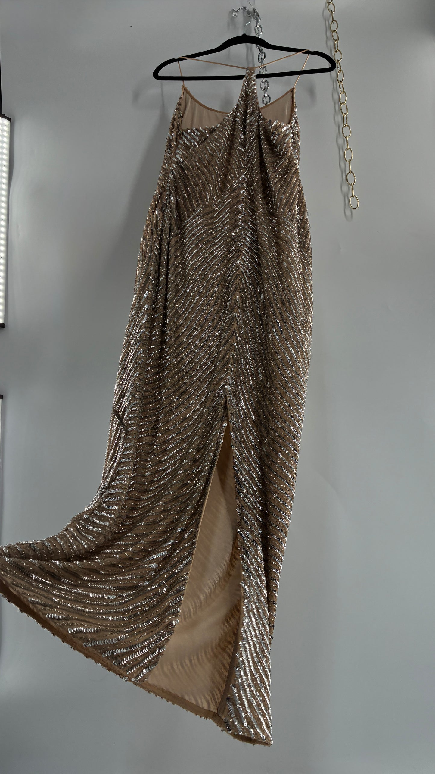 MESHKI Tierra Nude Full Length Dress with Silver Sequins with Tags Attached (XXXL)