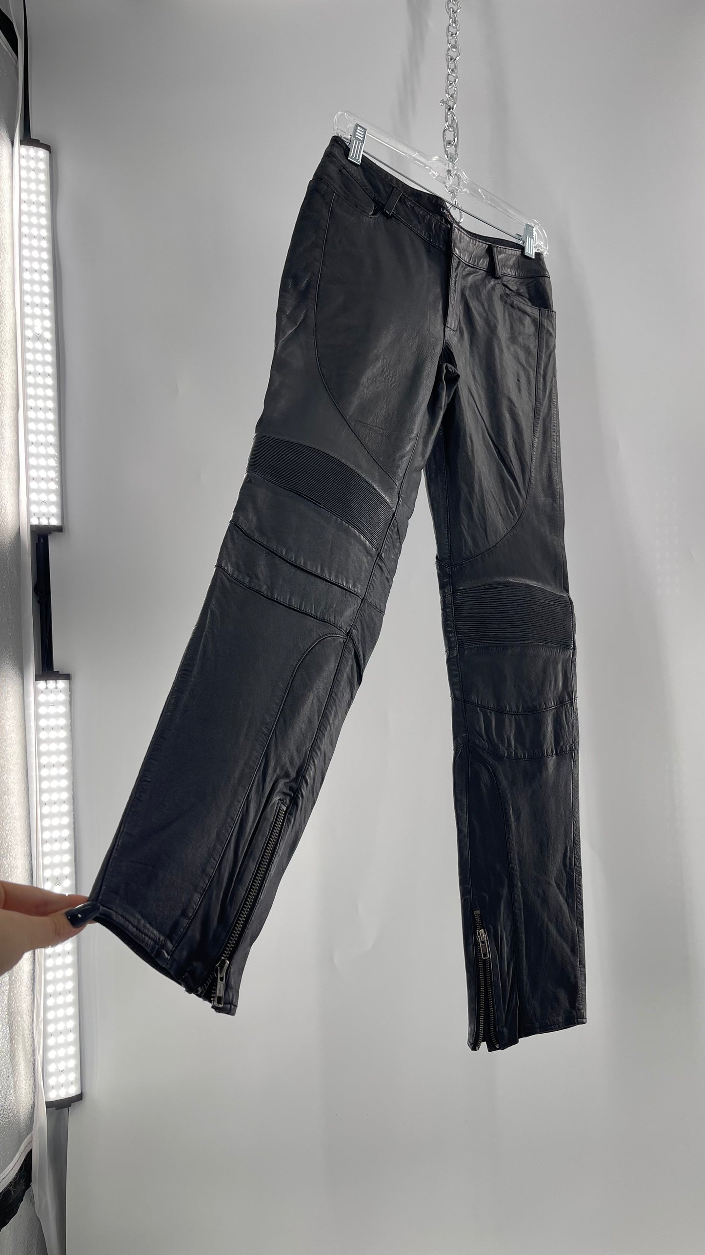 LAMARQUE 1990s Collection Vintage Black Leather Moto Style Pant with Panels, Ribbing and Zipper Details (6)