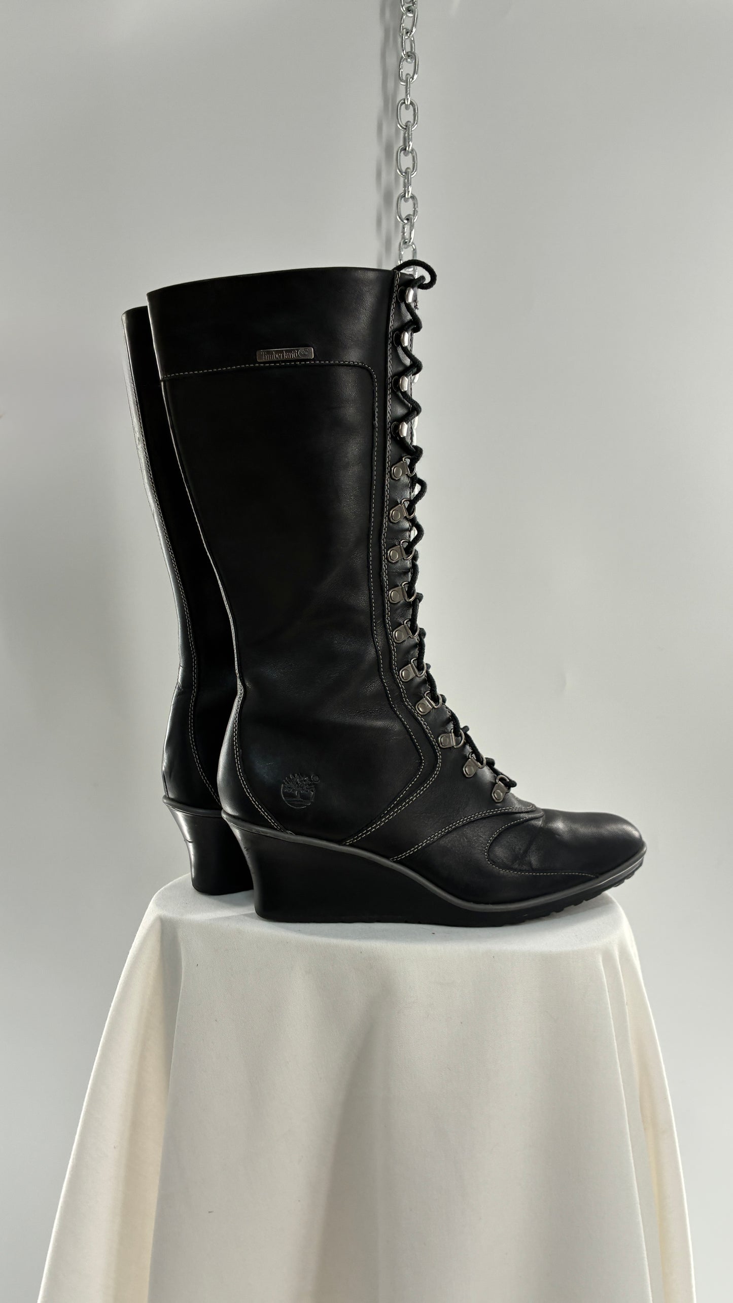 Vintage TIMBERLAND Black Genuine Leather Wedge Boots (10)