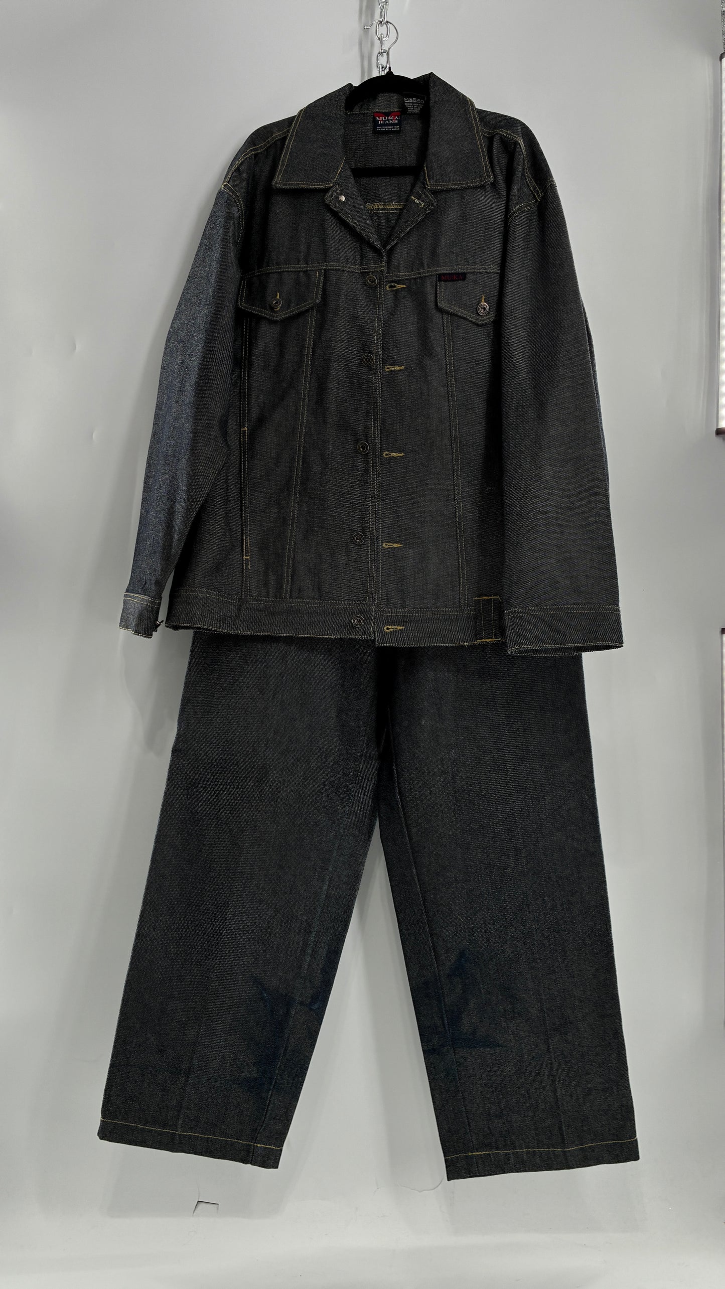Vintage 1990s MU:KA: JEANS Men’s Dark Wash Japanese Style Denim Baggy Straight Legs and Oversized Jacket Set (L, 32x32)