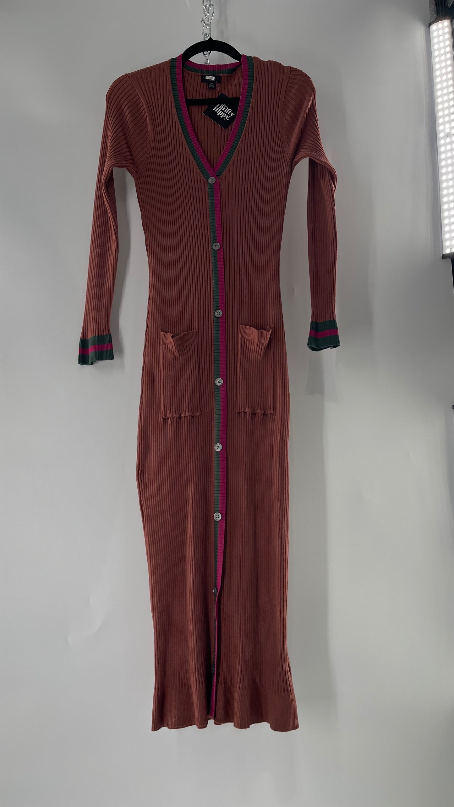 Current Air Los Angeles Brown Ribbed Knit Long Sleeve Button Front Dress with Fuchsia and Forest Green Striping (XS)