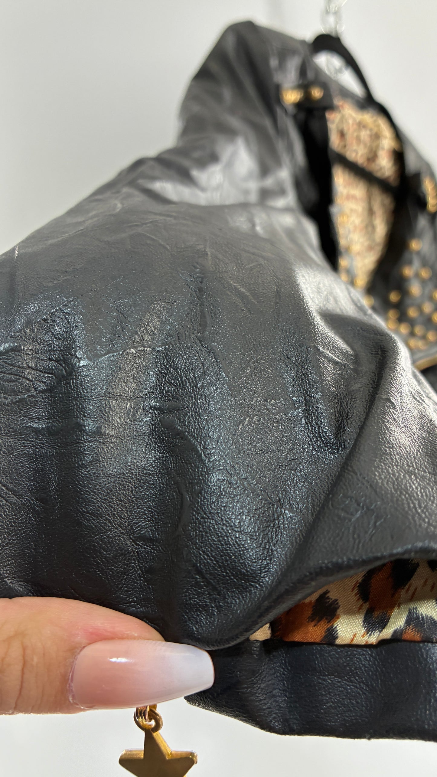 Vintage Black Vegan Leather Jacket with Oversized Lapel, Belt Loops and Pockets Covered in Heavy Duty Gold Studs (Small)