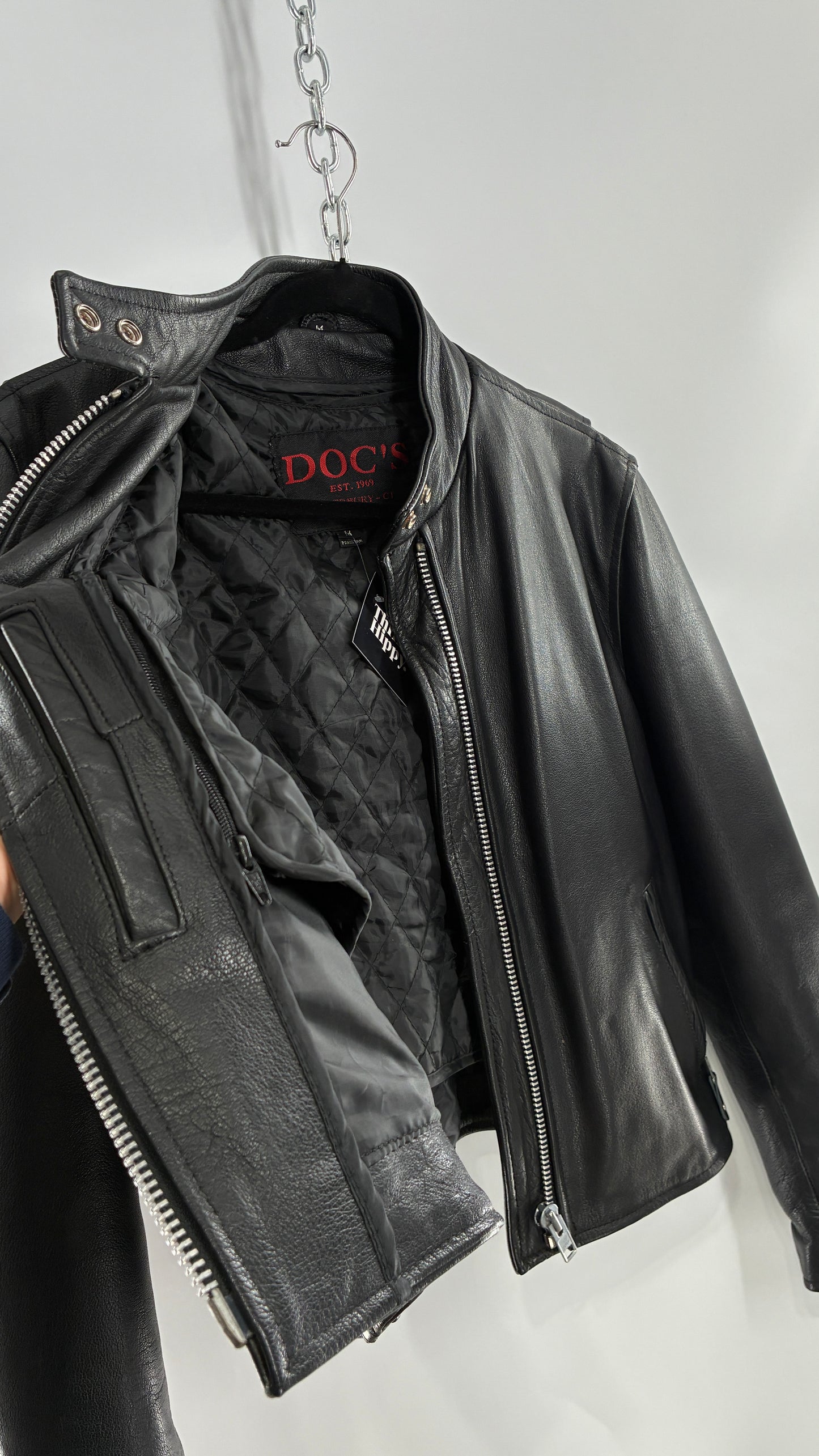 Vintage DOC’s Black Thick Leather Jacket with Removable Quilted Lining, Zippered Sides and Heavy Metal Details (Medium)