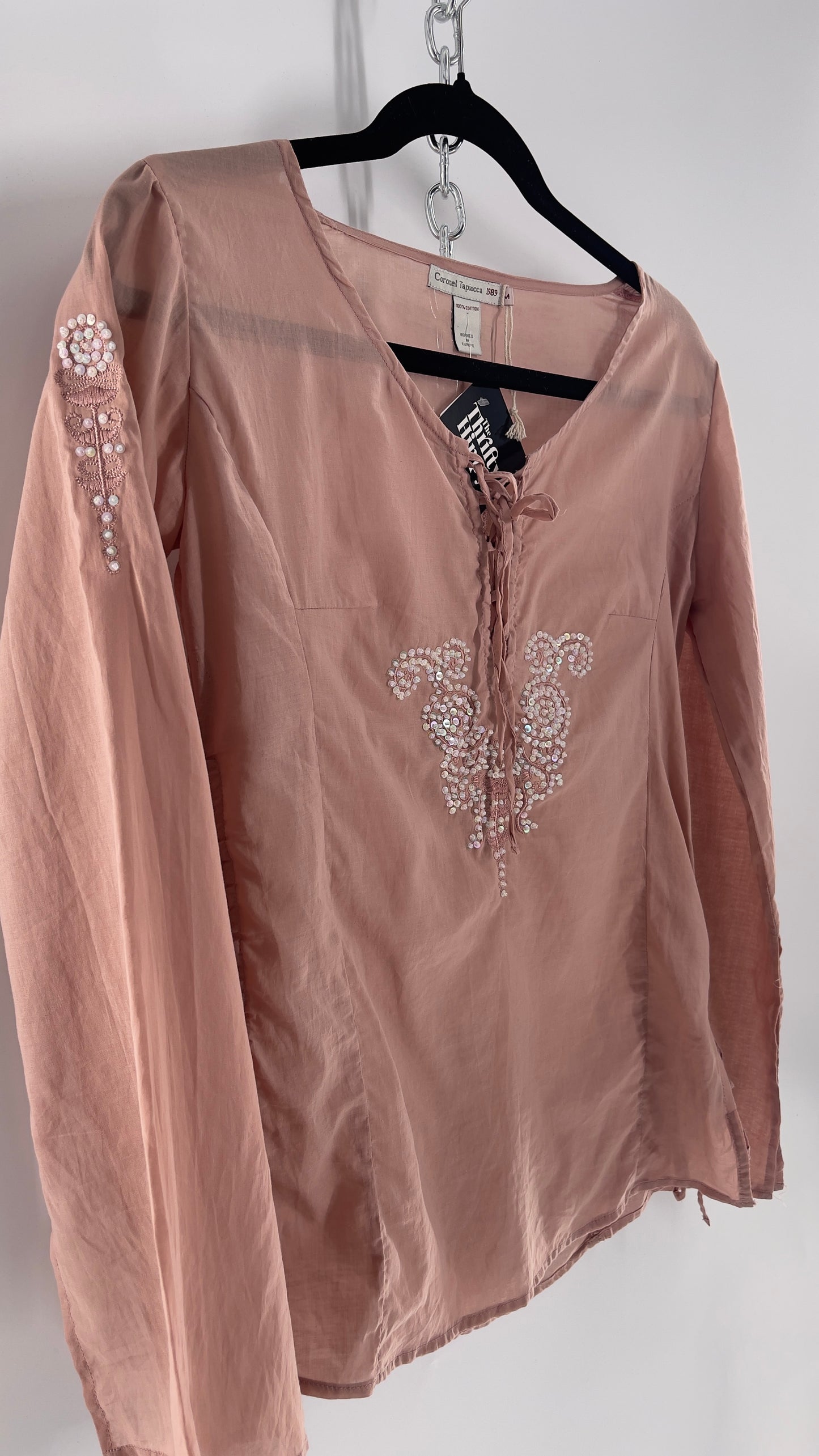 Vintage Coronel Tapioca Dusty Pink Tunic with Beaded Designs and Lace Up Sides (Medium)