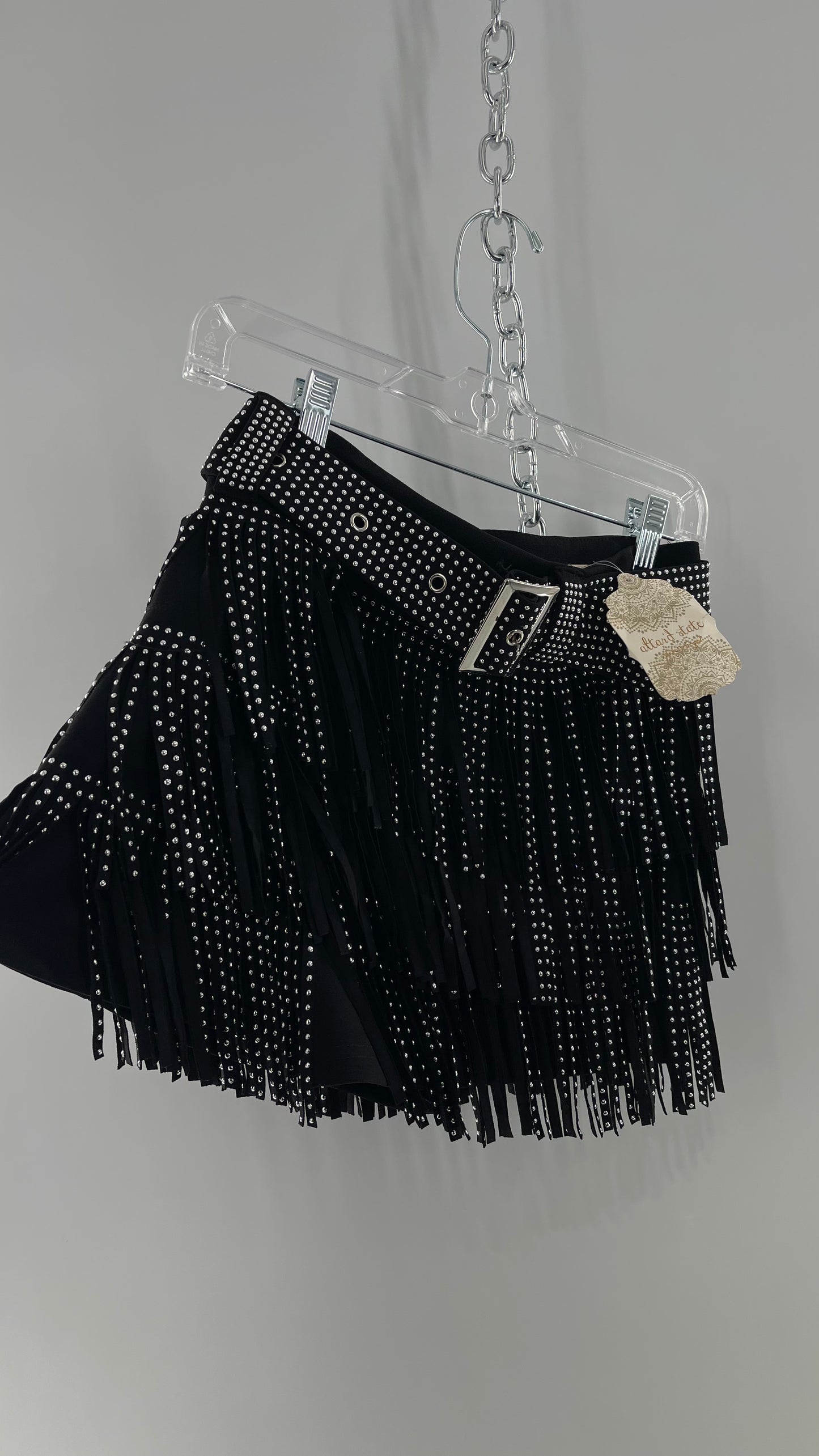 Altar’d State Black Belted Studded Fringe Mini Skirt with Tags Attached (Small)