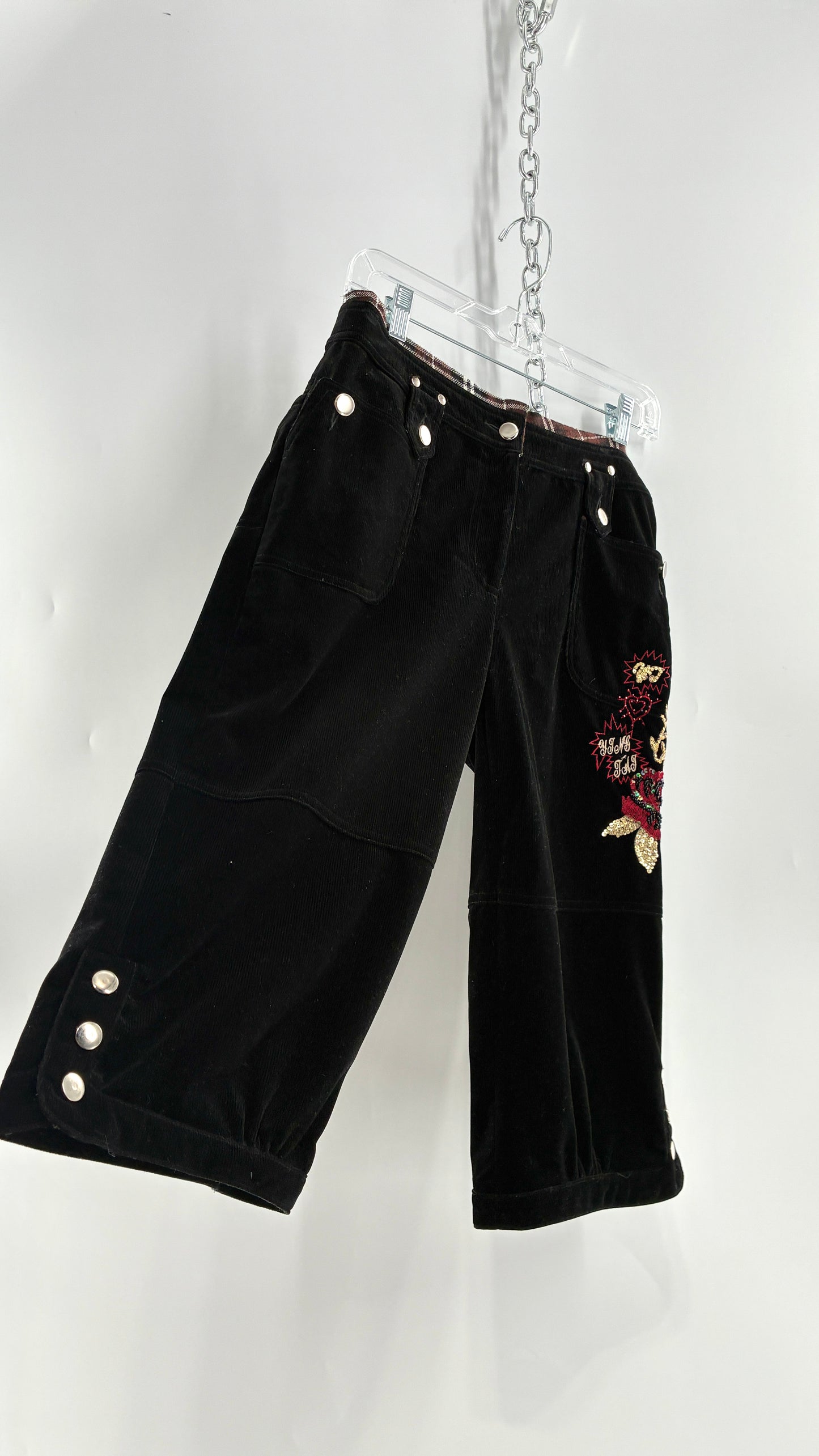Vintage Black Corduroy Capris with Full Thigh Embroidery, Silver Buttons, and Woven Plaid Waistline (30)