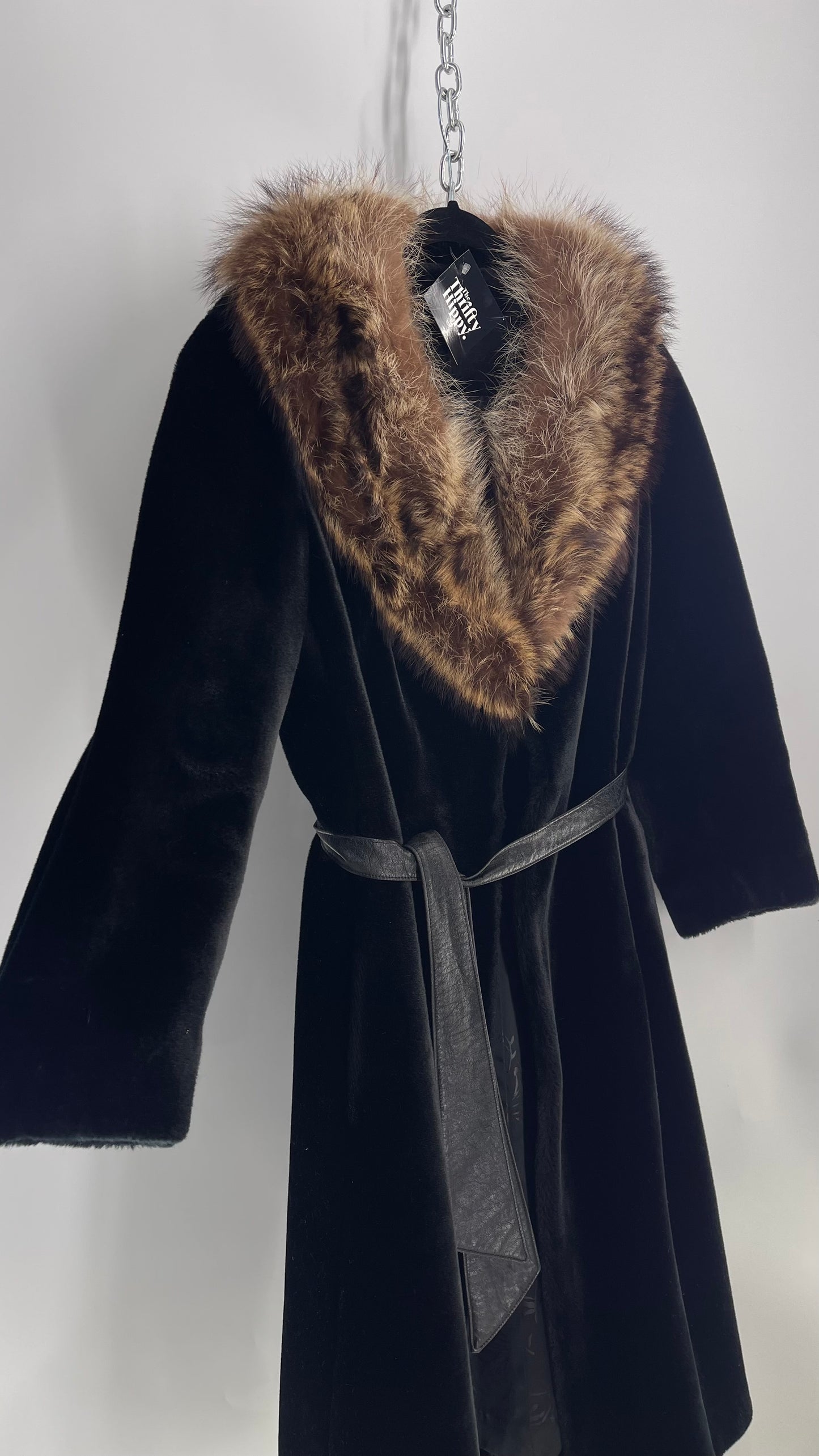 Vintage 1960s Borgazia Thick Faux Fur Black Coat with Mink Collar (Small)