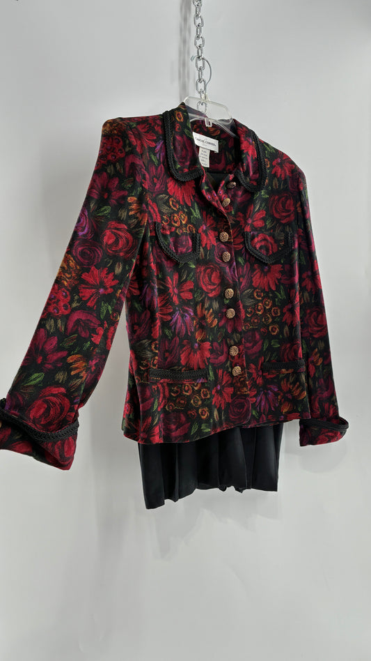 Vintage Suit Set with Gold Button, Deep Floral Blazer and Pleated Upcycled Mini Skirt (6)