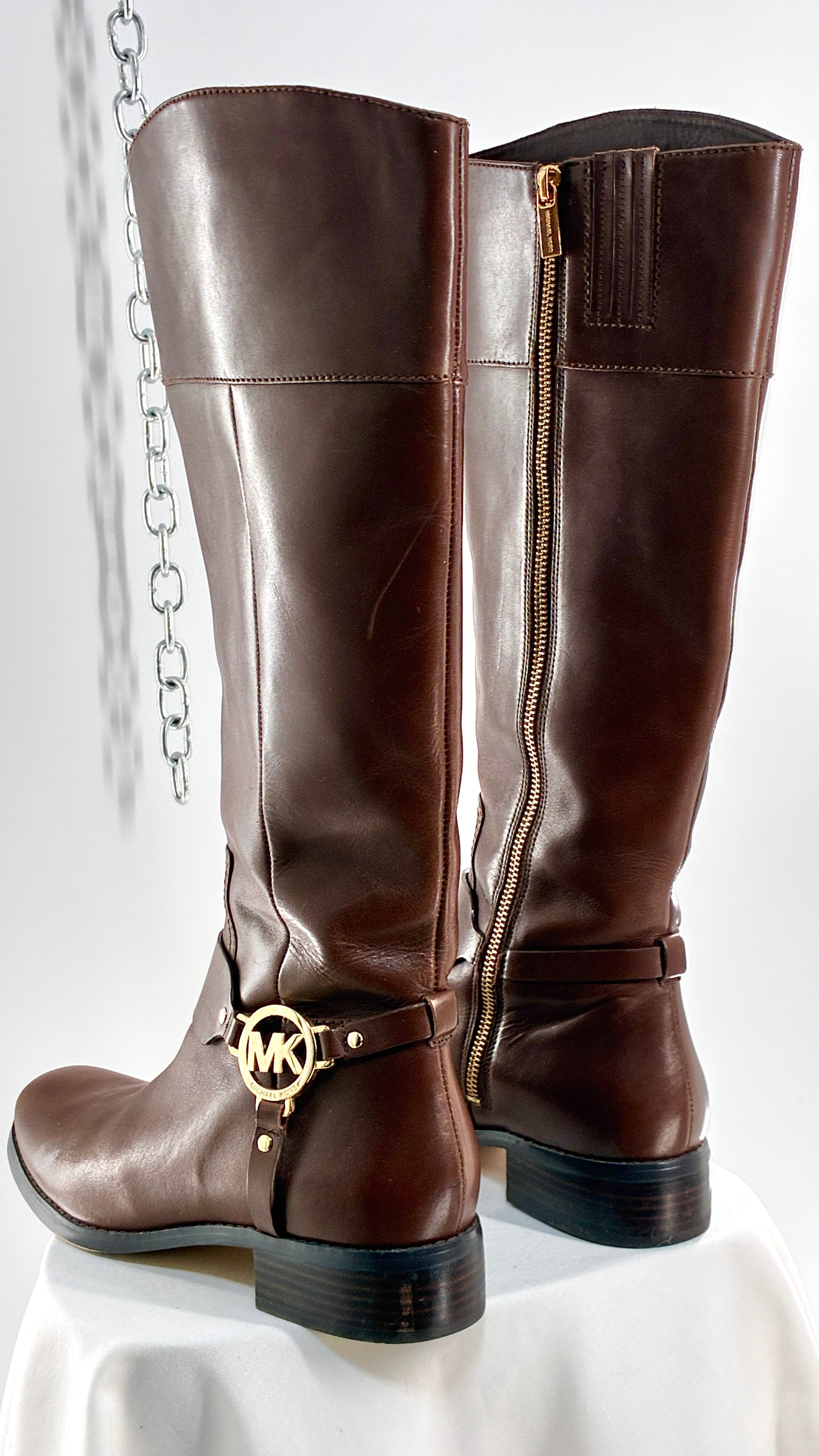Vintage MICHAEL KORS Knee High Brown Genuine Leather Moto Boot with Gold Detailing (9)