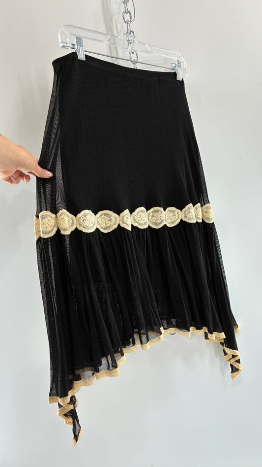 Deadstock MAXSTUDIO 100% Silk Black Skirt with Lace Trim (Small)